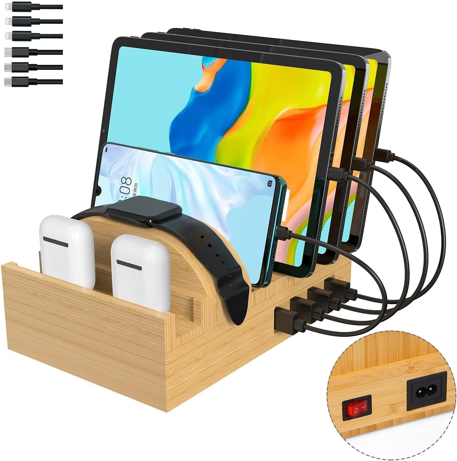 Bamboe Laadstation voor 7 Apparaten - 50W Snellader met Organizer & Korting