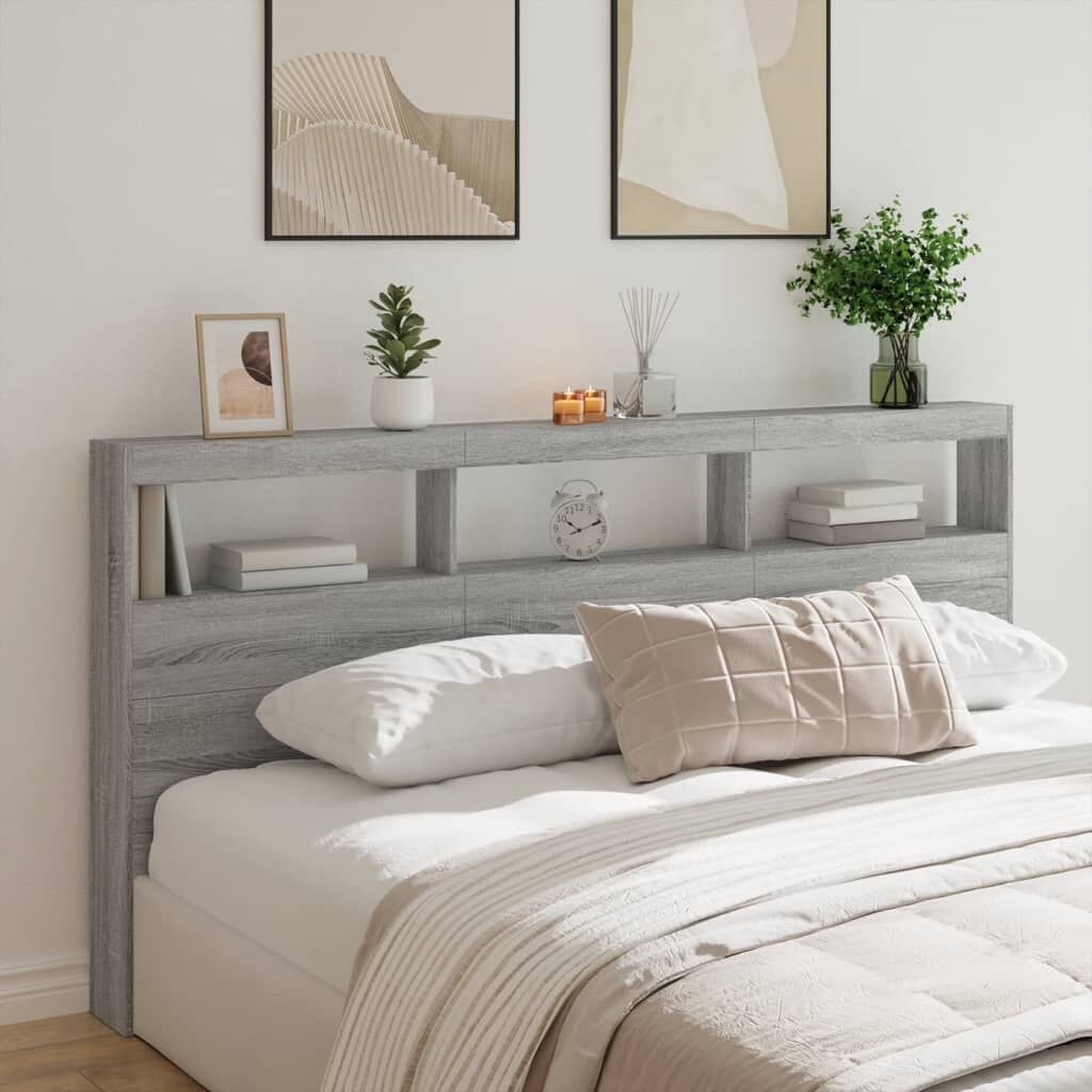 Hoofdbordkast met LED-verlichting 200x17x102 cm Grijs Sonoma | -35%