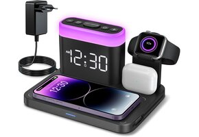 ANJANK 3-in-1 Draadloze Oplaaddock met Wekker en Nachtlamp, Mag-Safe Compatibel met iPhone, Apple Watch en AirPods