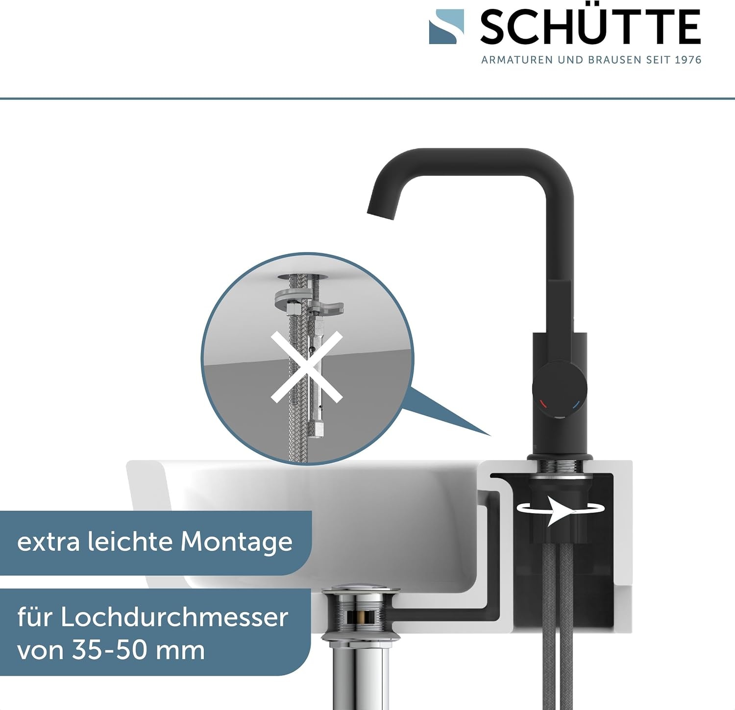SCHÜTTE 33126 Los Angeles Wastafelarmatuur met hoge uitloop, waterkraan voor de badkamer met pop-up excentrische wastafelkraan, hoge wastafelkraan met eengreepsmengkraan, zwart