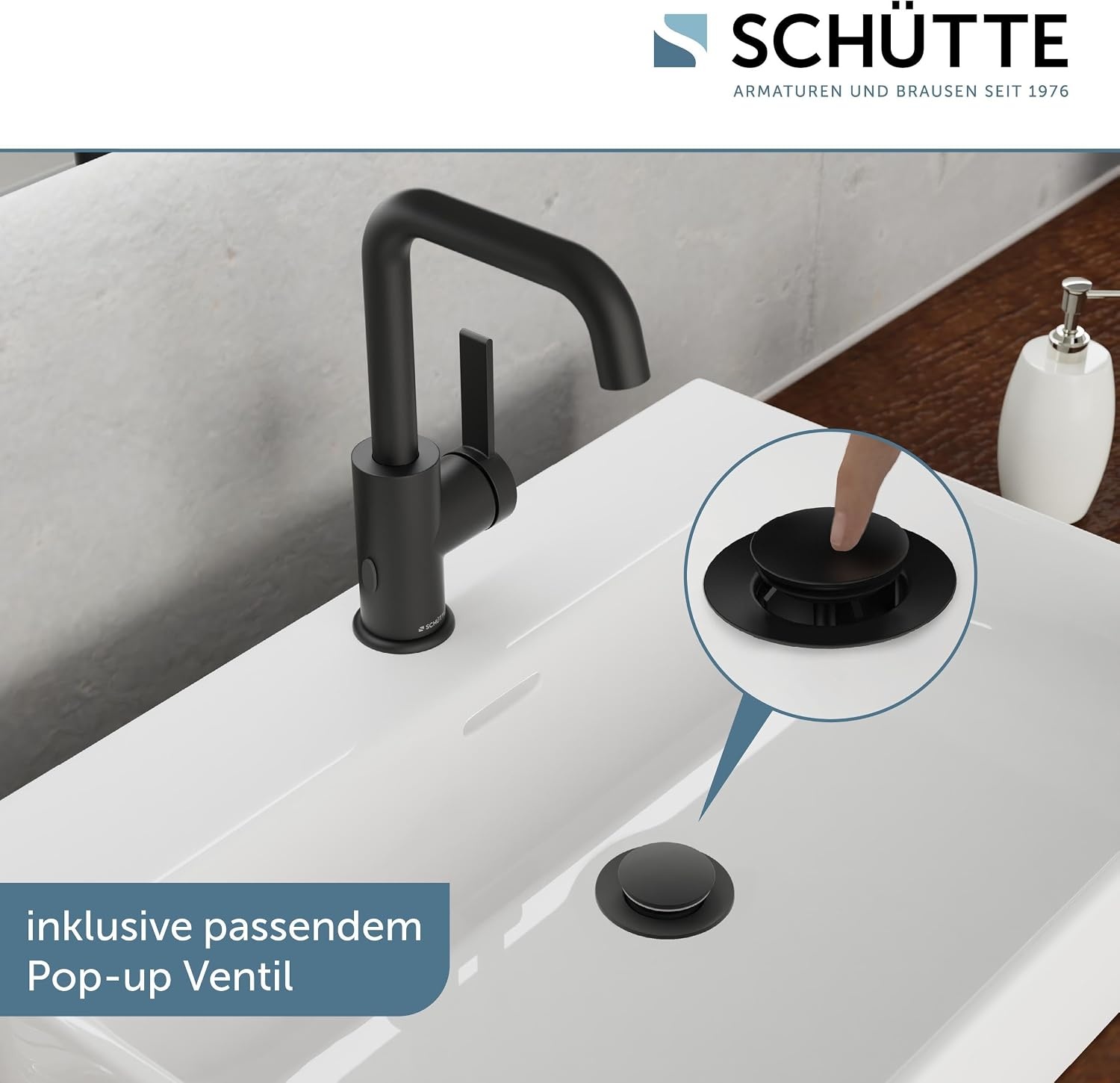 SCHÜTTE 33126 Los Angeles Wastafelarmatuur met hoge uitloop, waterkraan voor de badkamer met pop-up excentrische wastafelkraan, hoge wastafelkraan met eengreepsmengkraan, zwart