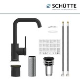 SCHÜTTE 33126 Los Angeles Wastafelarmatuur met hoge uitloop, waterkraan voor de badkamer met pop-up excentrische wastafelkraan, hoge wastafelkraan met eengreepsmengkraan, zwart