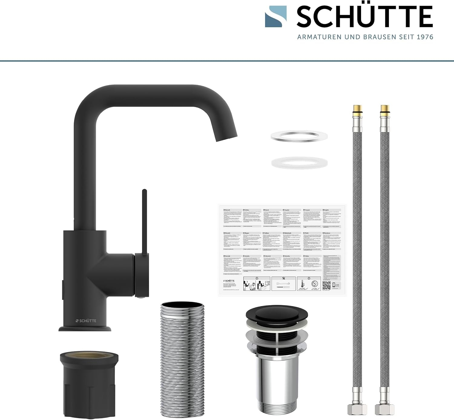 SCHÜTTE 33126 Los Angeles Wastafelarmatuur met hoge uitloop, waterkraan voor de badkamer met pop-up excentrische wastafelkraan, hoge wastafelkraan met eengreepsmengkraan, zwart
