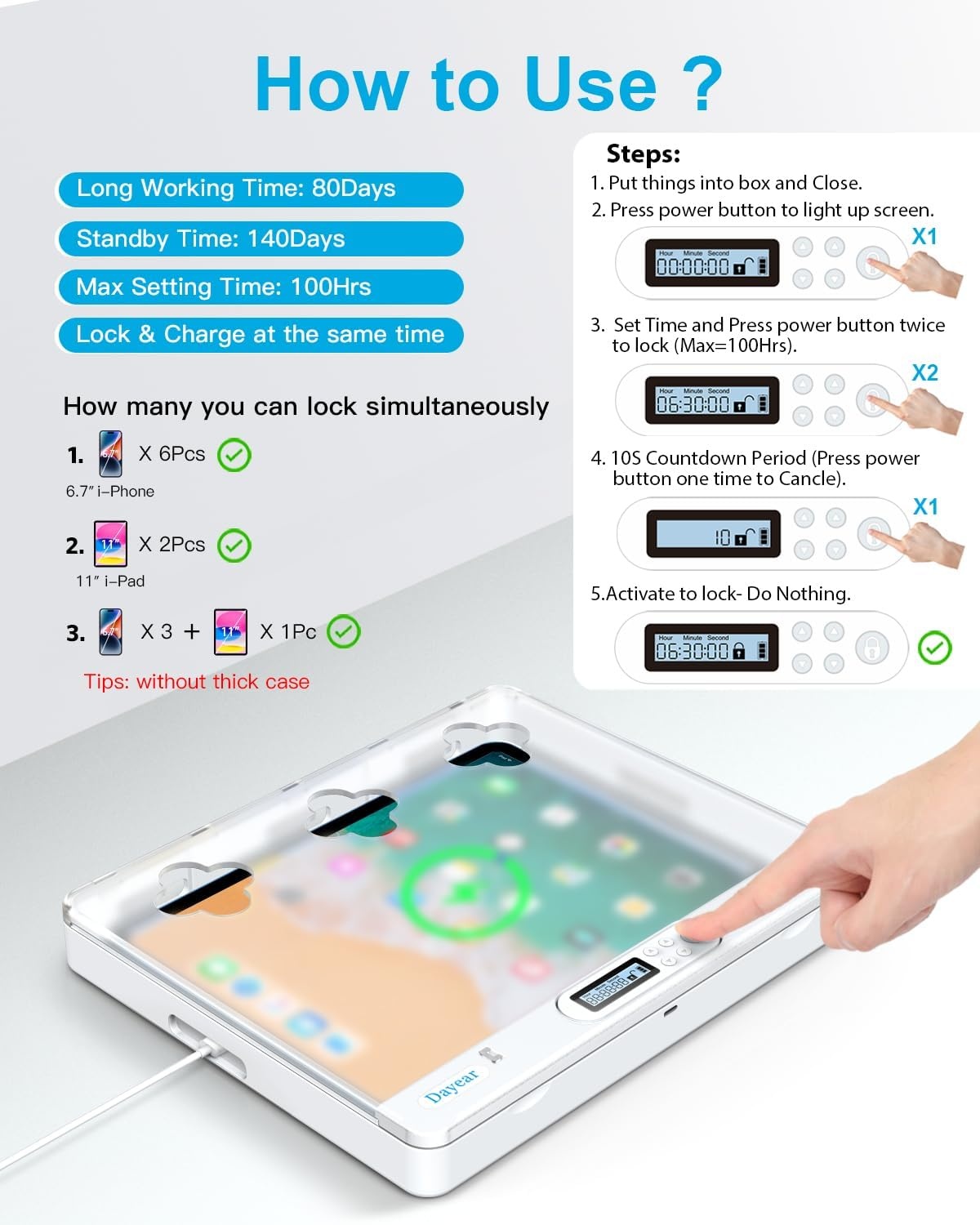 Telefoonvergrendelingsbox met timer, telefoonvanger, zelfcontrole, timer, vergrendelingsbox voor iPad/pad, om kinderen/volwassenen te helpen telefoonverslaving te voorkomen (kristal)