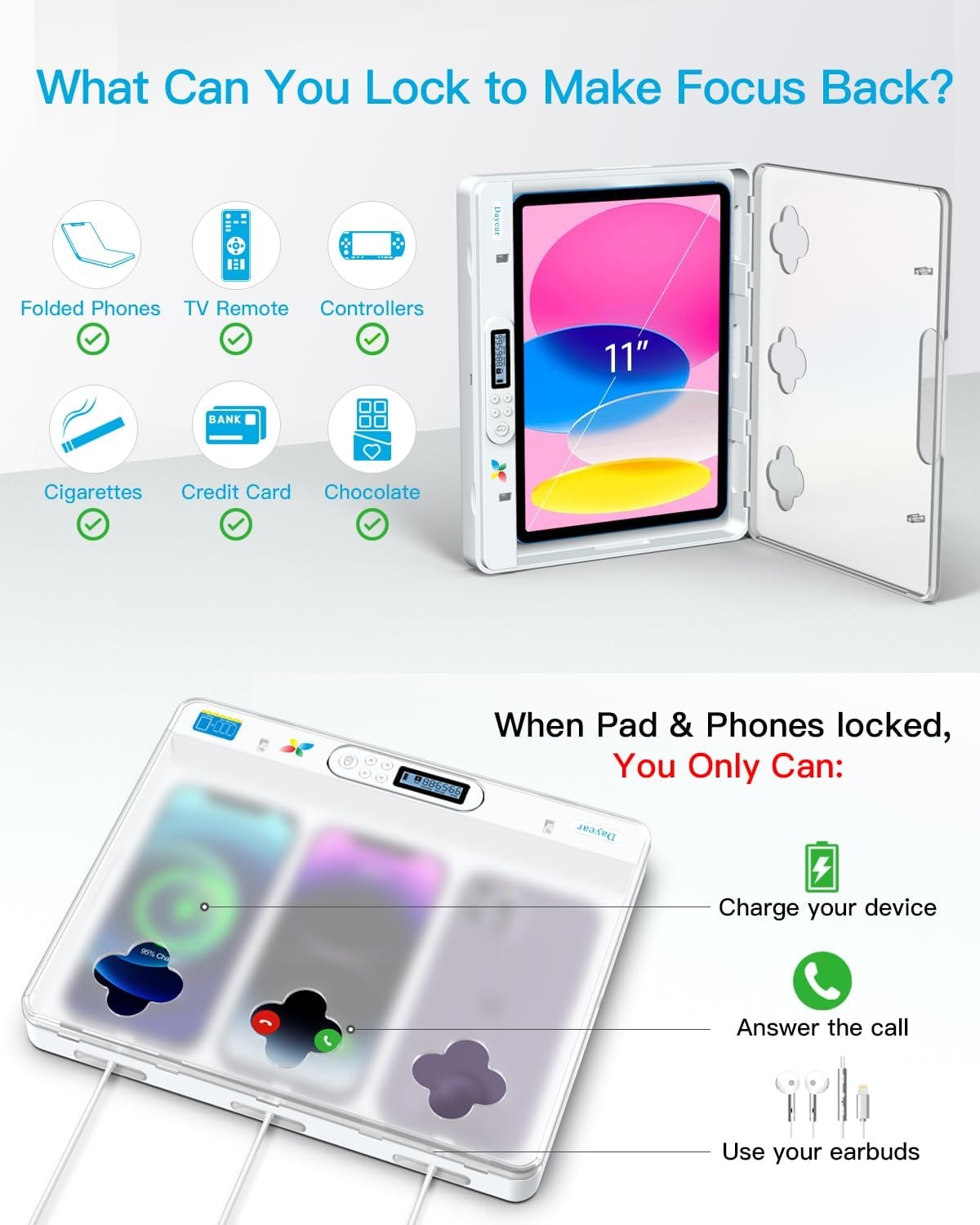 Telefoonvergrendelingsbox met timer, telefoonvanger, zelfcontrole, timer, vergrendelingsbox voor iPad/pad, om kinderen/volwassenen te helpen telefoonverslaving te voorkomen (kristal)