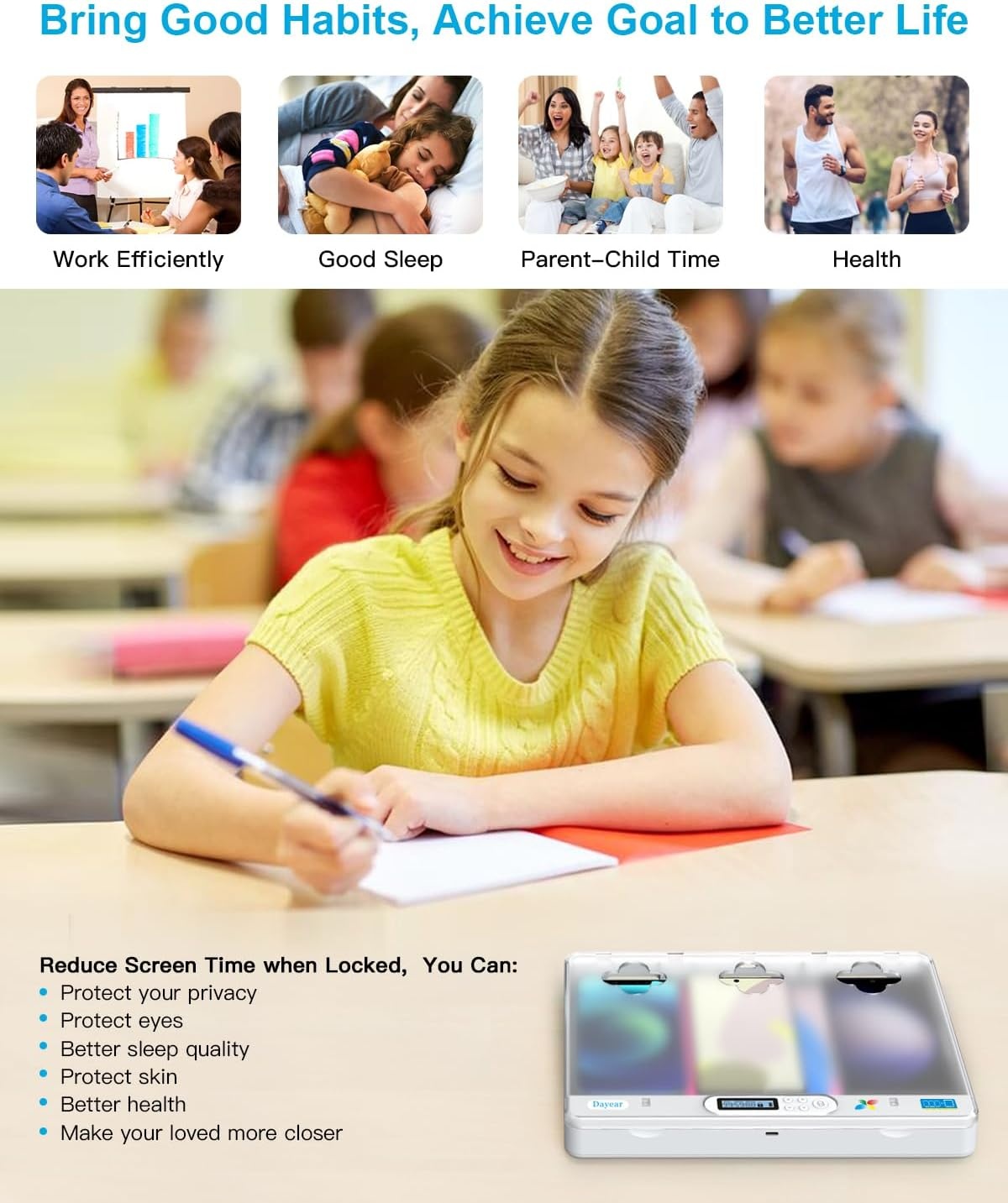 Telefoonvergrendelingsbox met timer, telefoonvanger, zelfcontrole, timer, vergrendelingsbox voor iPad/pad, om kinderen/volwassenen te helpen telefoonverslaving te voorkomen (kristal)