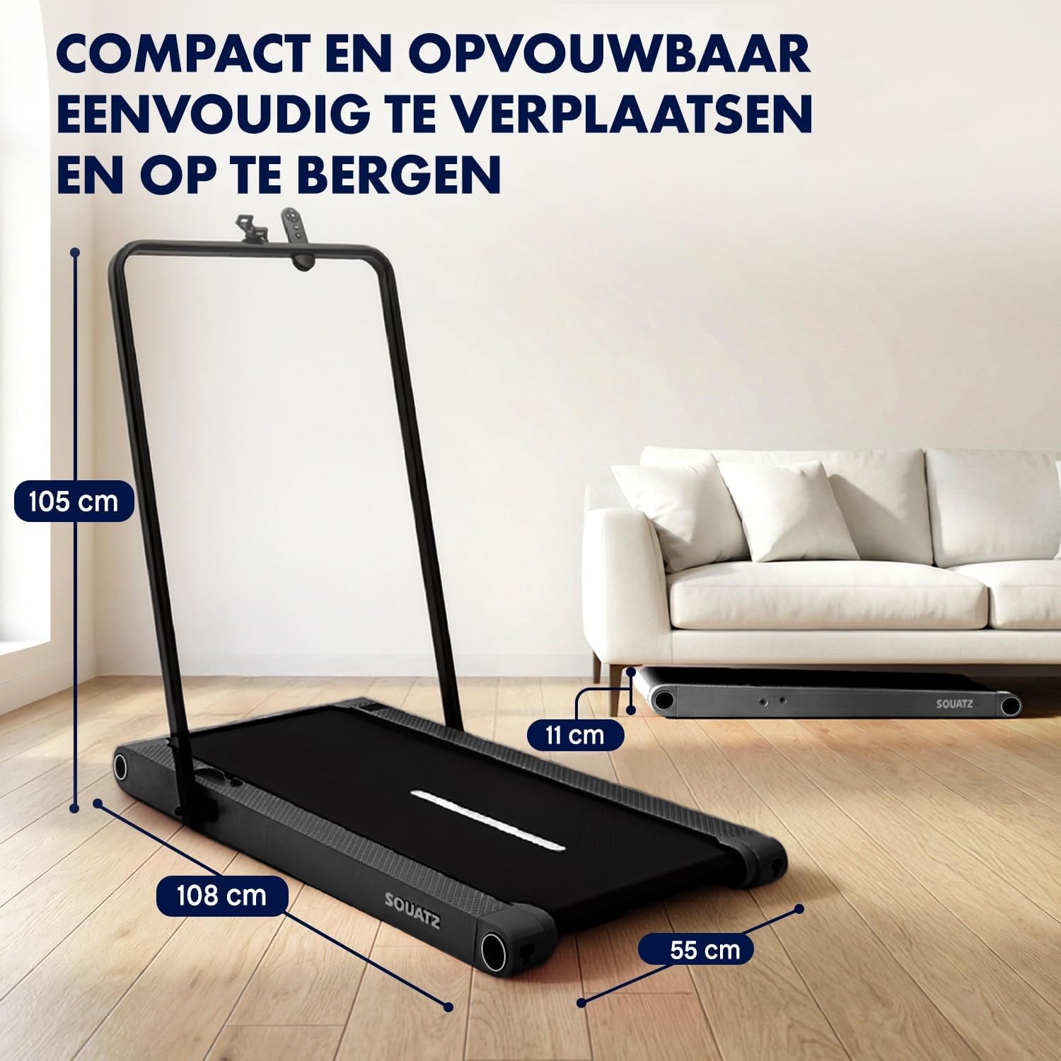 Squatz Walking Pad met Trilplaat en Handrail Zwart – Compacte Loopband met LED Display en Afstandsbediening voor Thuis en Kantoor, Grote Loopoppervlakte