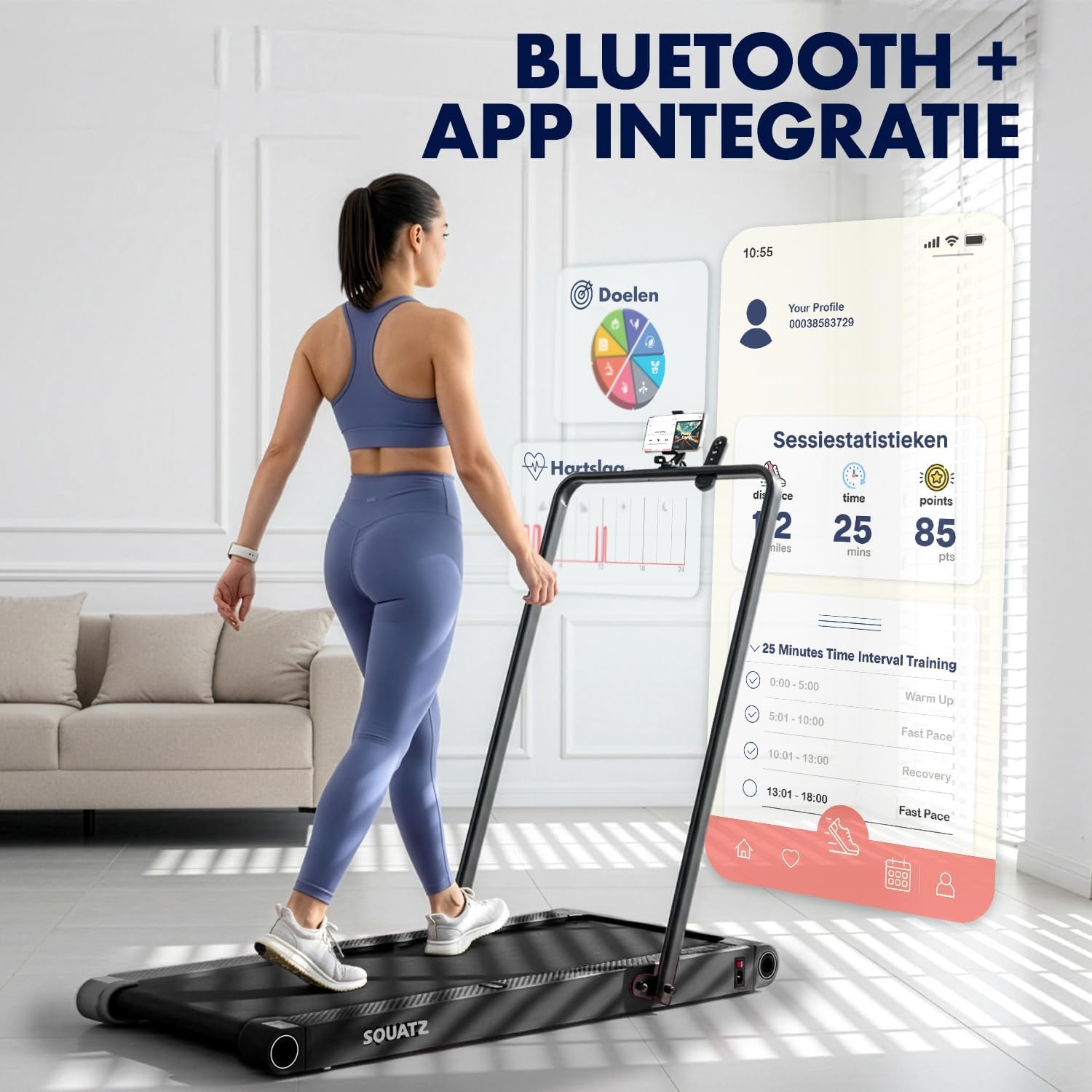 Squatz Walking Pad met Trilplaat en Handrail Zwart – Compacte Loopband met LED Display en Afstandsbediening voor Thuis en Kantoor, Grote Loopoppervlakte