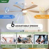 Sofucor Plafondventilator met verlichting en afstandsbediening, DC, 132 cm, 5 vleugels, timer, 3 kleurtemperaturen, 6 snelheden, zomer, winterwerking, stille plafondventilator met licht voor