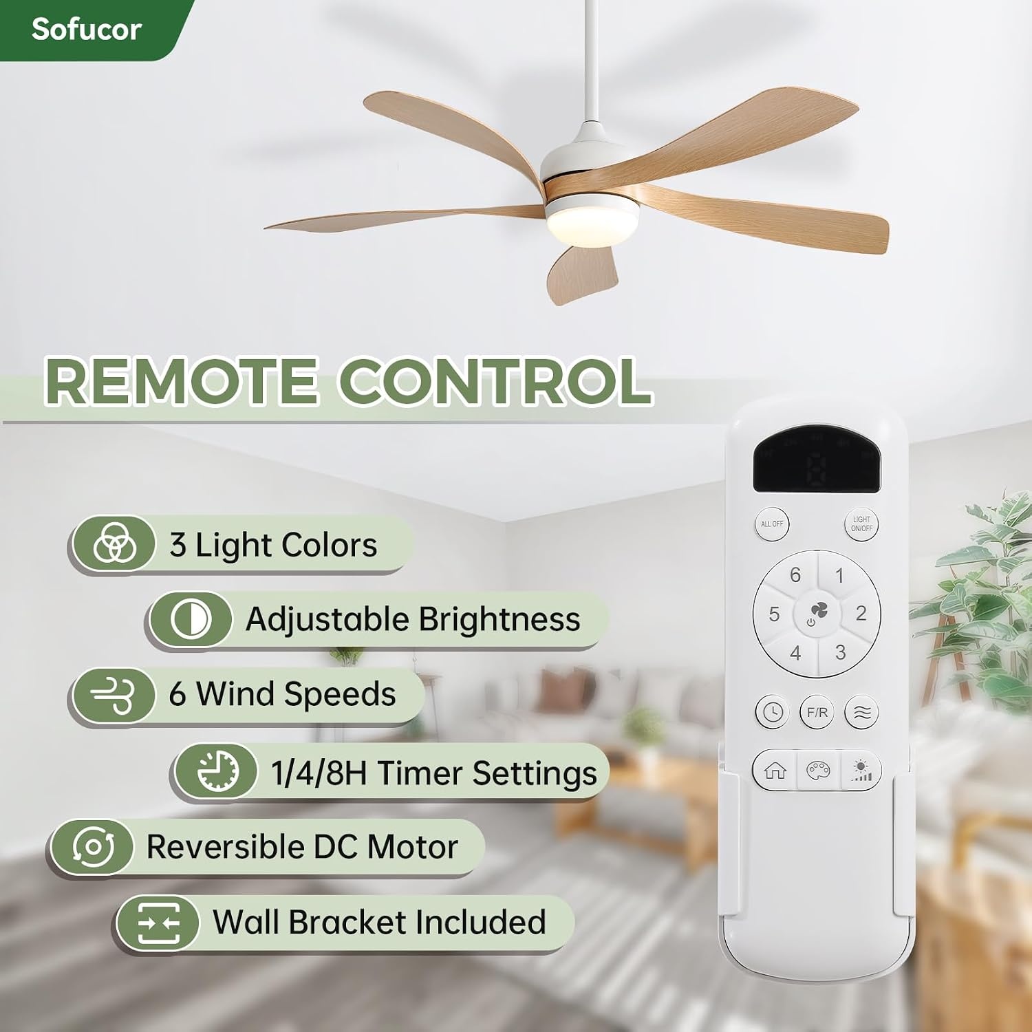 Sofucor Plafondventilator met verlichting en afstandsbediening, DC, 132 cm, 5 vleugels, timer, 3 kleurtemperaturen, 6 snelheden, zomer, winterwerking, stille plafondventilator met licht voor
