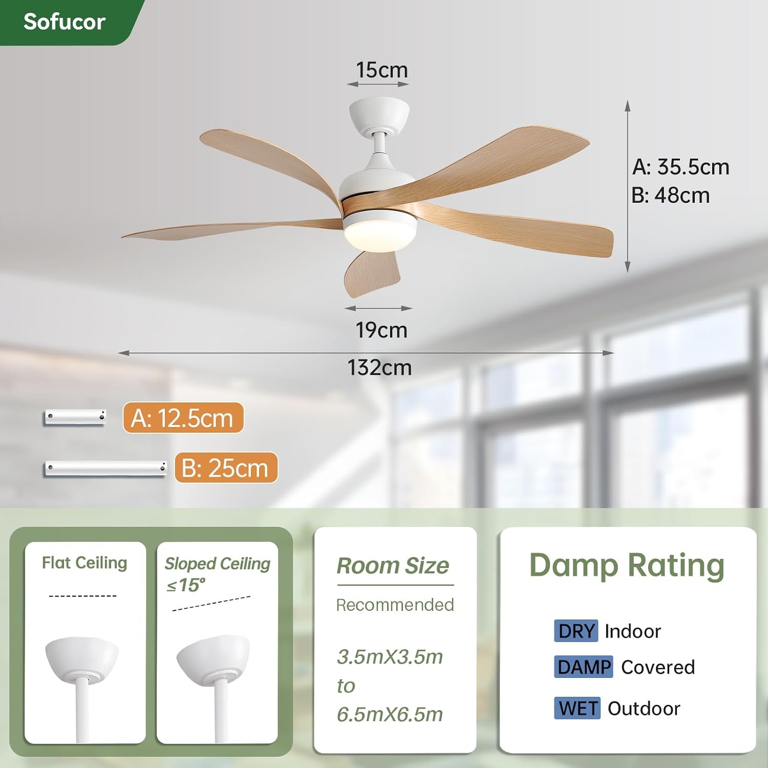 Sofucor Plafondventilator met verlichting en afstandsbediening, DC, 132 cm, 5 vleugels, timer, 3 kleurtemperaturen, 6 snelheden, zomer, winterwerking, stille plafondventilator met licht voor