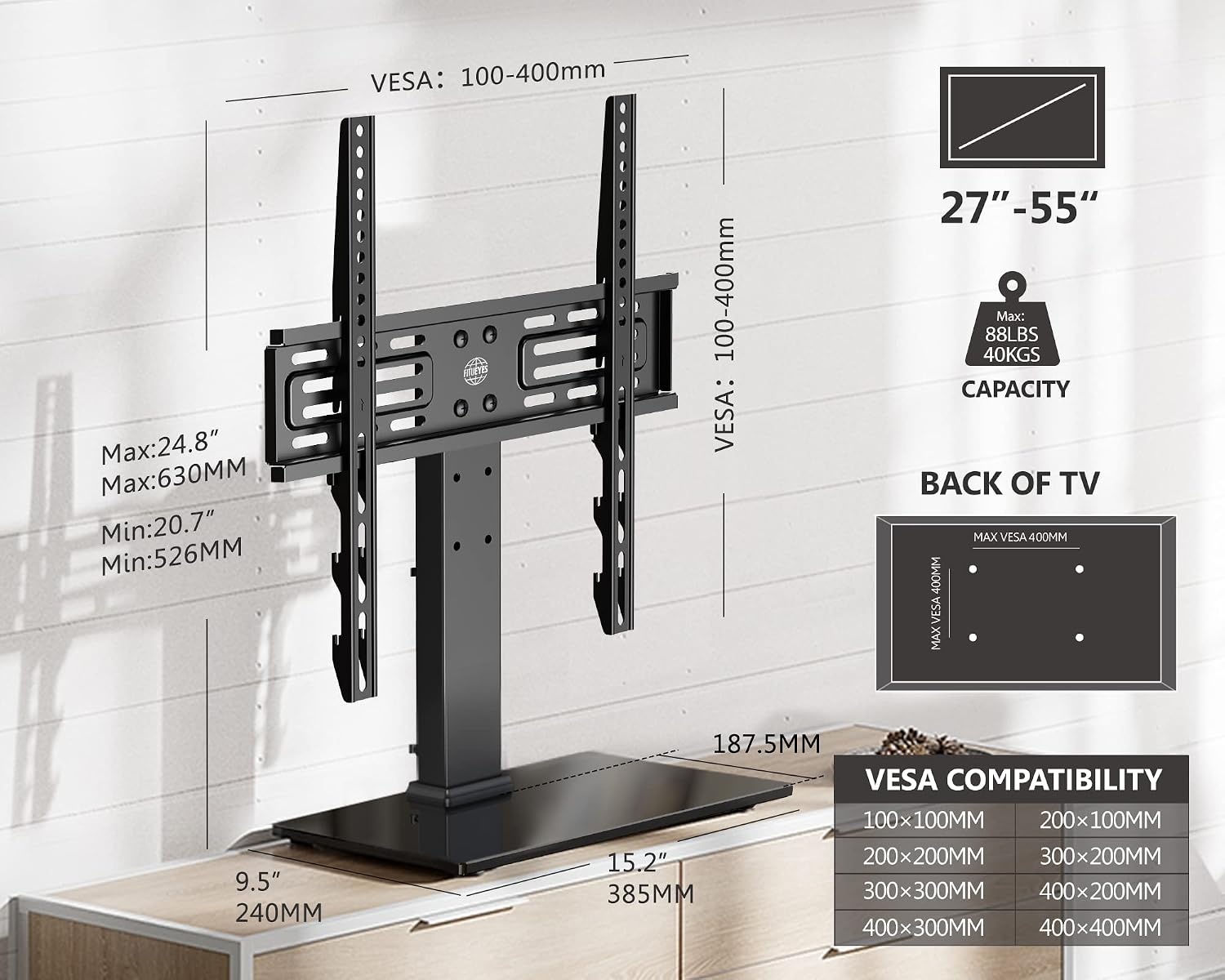 FITUEYES TV-standaard voor 27-32 43 50 55 inch TV, 8 hoogte verstelbaar Max VESA 400x400mm 40kg