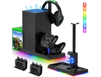 RGB oplaadstandaard met koelventilator voor Xbox Series X console & controller, laadstation en koeler, accessoires met 15 RGB-lampen en 2 x 1400 mAh oplaadbare batterij