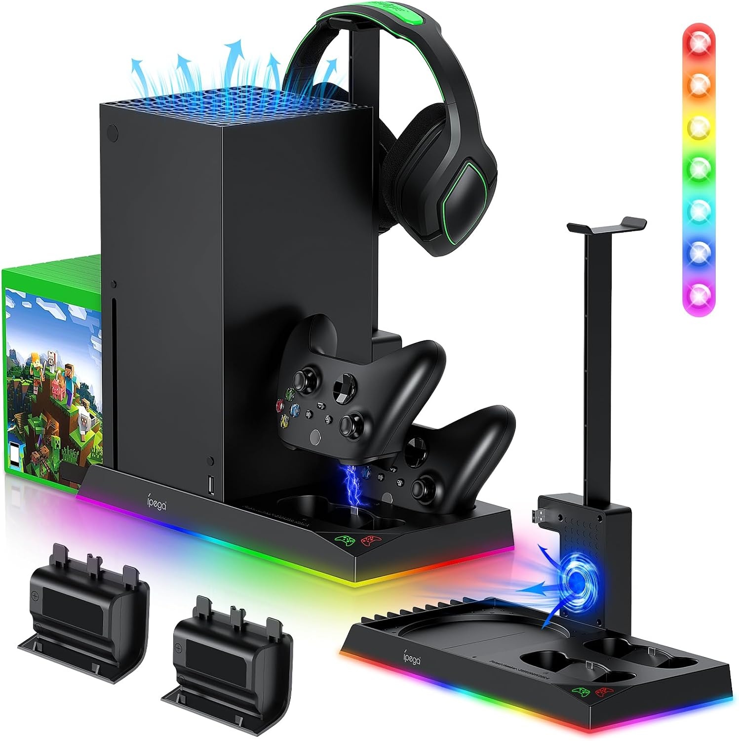 RGB oplaadstandaard met koelventilator voor Xbox Series X console & controller, laadstation en koeler, accessoires met 15 RGB-lampen en 2 x 1400 mAh oplaadbare batterij