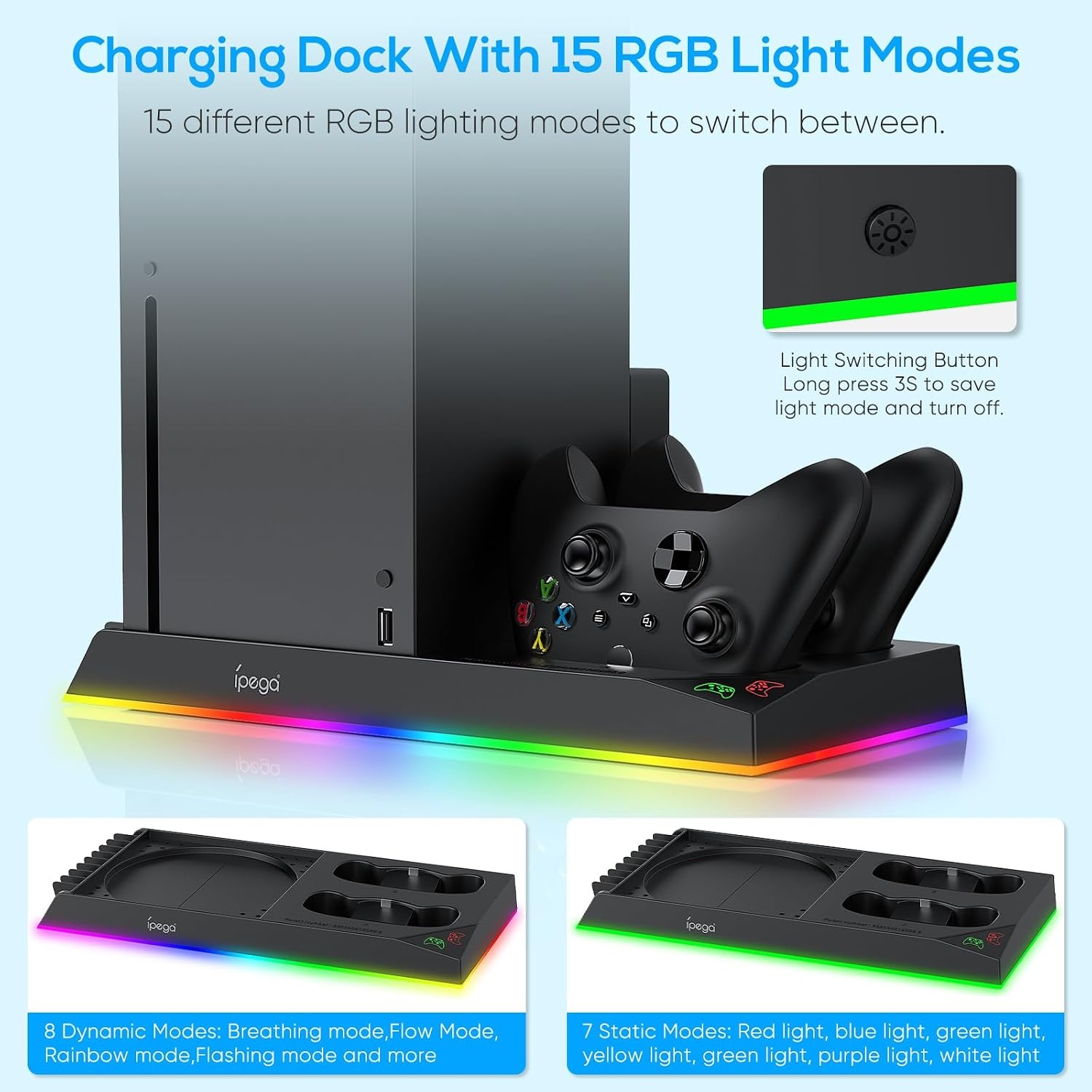 RGB oplaadstandaard met koelventilator voor Xbox Series X console & controller, laadstation en koeler, accessoires met 15 RGB-lampen en 2 x 1400 mAh oplaadbare batterij