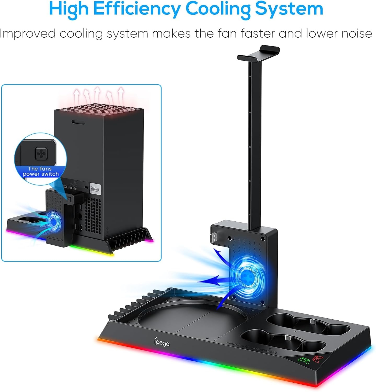 RGB oplaadstandaard met koelventilator voor Xbox Series X console & controller, laadstation en koeler, accessoires met 15 RGB-lampen en 2 x 1400 mAh oplaadbare batterij