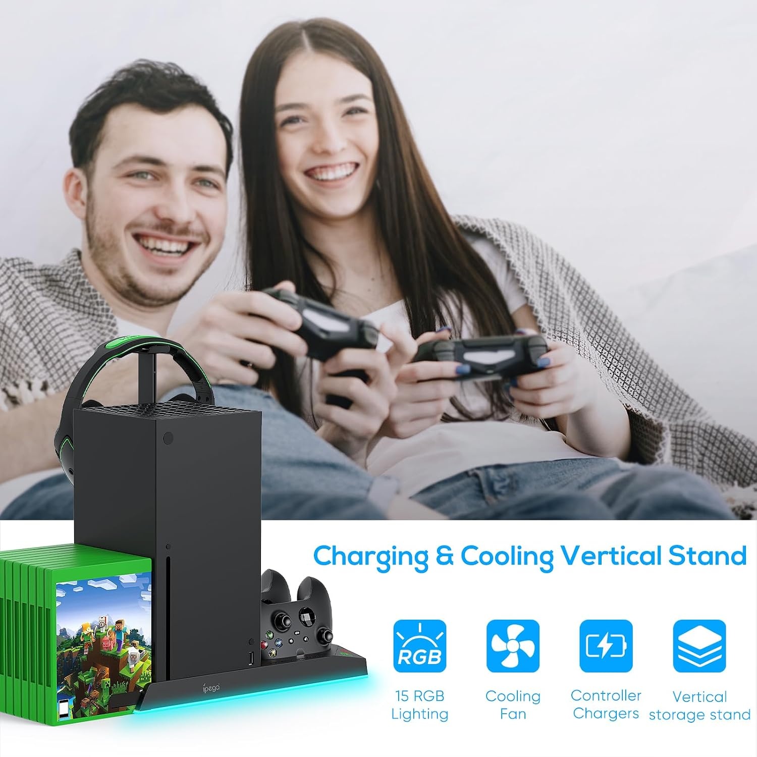 RGB oplaadstandaard met koelventilator voor Xbox Series X console & controller, laadstation en koeler, accessoires met 15 RGB-lampen en 2 x 1400 mAh oplaadbare batterij