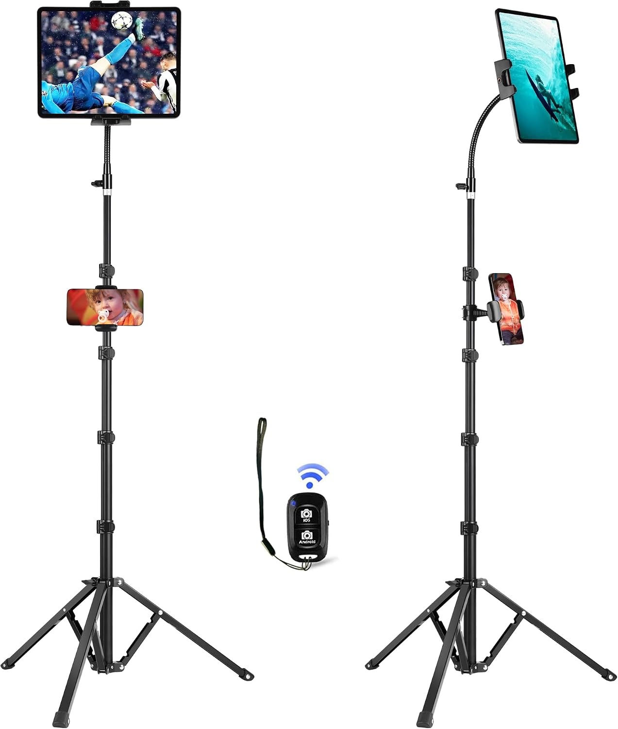 Ipad en telefoon statief 73 inch zwanenhals tablet vloerstandaard houder houder met afstandsbediening voor 3,5 tot 15 inch tablets iPhones, iPad Pro Air Mini 12,9 11 10,5, Galaxy Tab S9 ultra