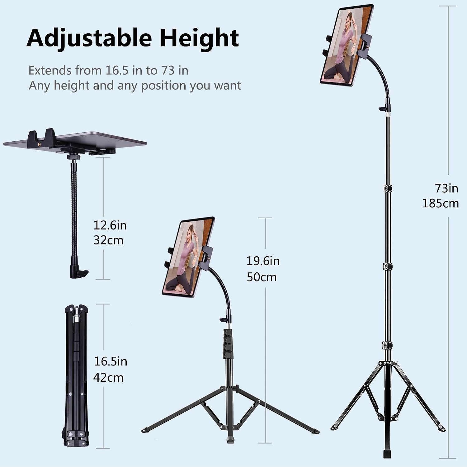 Ipad en telefoon statief 73 inch zwanenhals tablet vloerstandaard houder houder met afstandsbediening voor 3,5 tot 15 inch tablets iPhones, iPad Pro Air Mini 12,9 11 10,5, Galaxy Tab S9 ultra