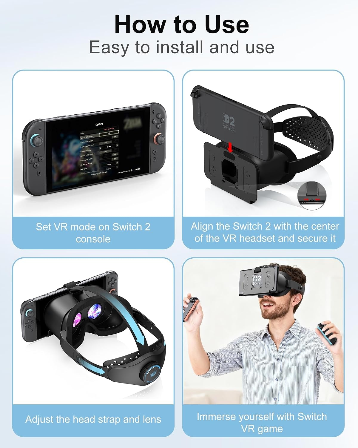 Verbeterde VR-headset voor Nintendo Switch 2, Switch 2 Virtual Reality VR-bril met verstelbare HD-lenzen en comfortabele hoofdband, Virtual Boy 3D-bril voor Switch 2 accessoires (zwart)