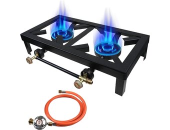 8 KW gasfornuis, 2-pits met 1,2 m slang en 50 mbar drukregelaar, campingkooktoestel, outdoor