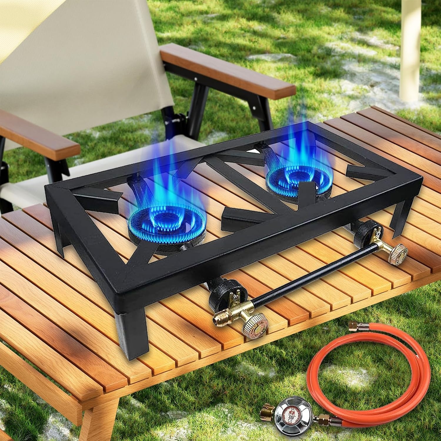 8 KW gasfornuis, 2-pits met 1,2 m slang en 50 mbar drukregelaar, campingkooktoestel, outdoor