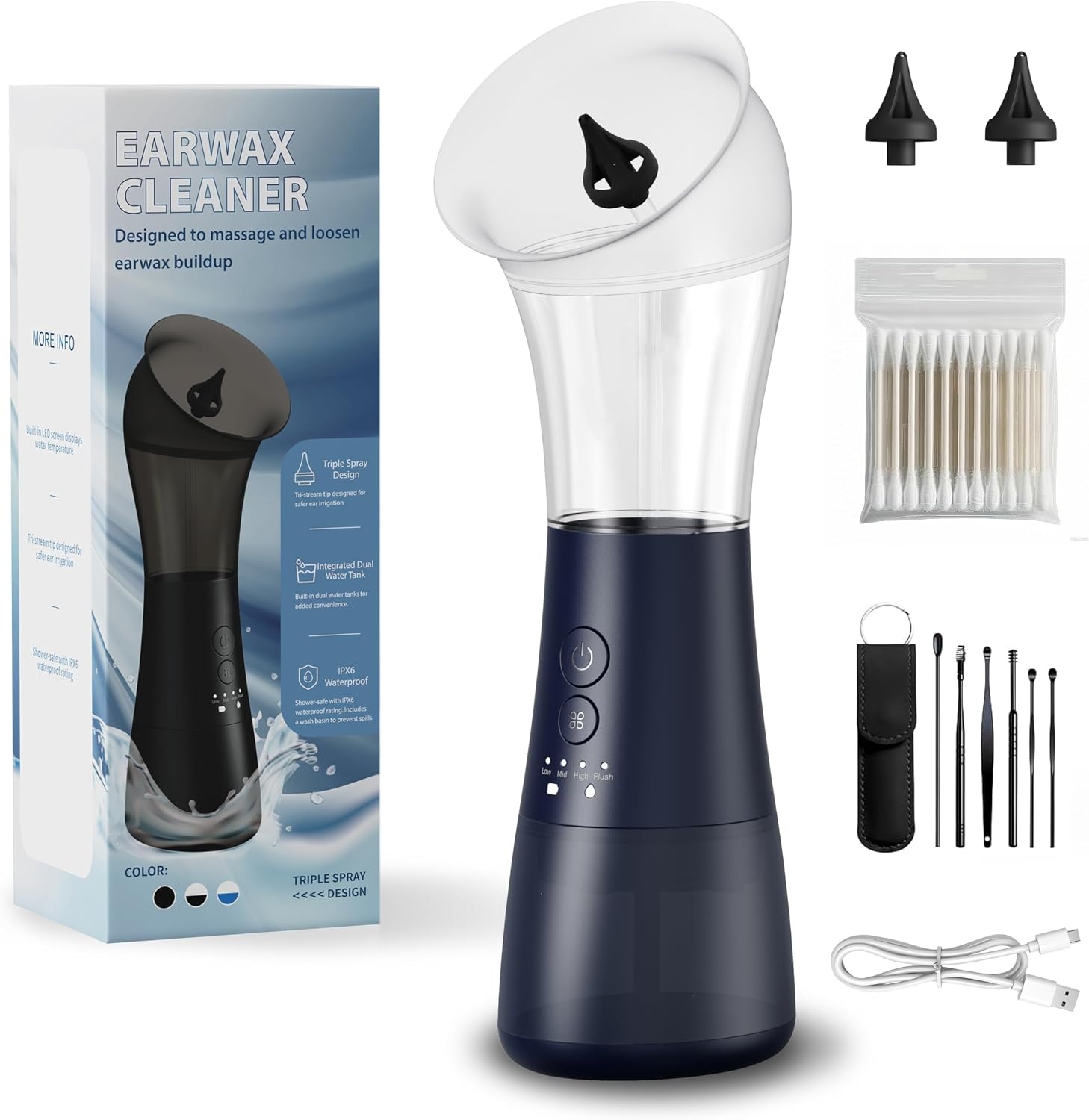 Oorwasverwijdering, VINIPO Oorreiniger, Elektrische Oorwasverwijderaar, Oplaadbare Oorwasverwijderkit, Oorirrigatiesysteem met Reinigings- en Afvalwatertank en 4 Reinigingsmodi Oorspoelkit