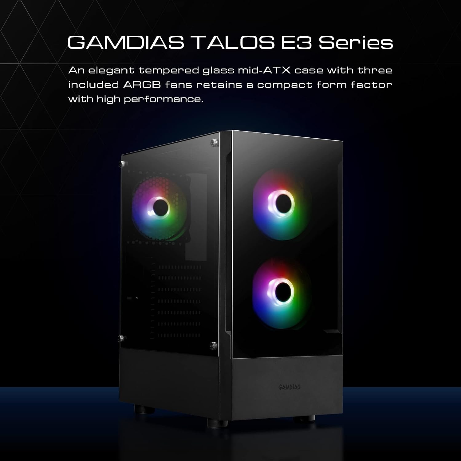 GAMDIAS TALOS E3 Gaming PC-hoes, Mid-Tower ATX-hoes, gehard glaspaneel, 3 ingebouwde 120 mm ARGB-ventilatoren, gereedschapsvrije installatie gehard glazen venster, ondersteunt moederborden tot ATX,