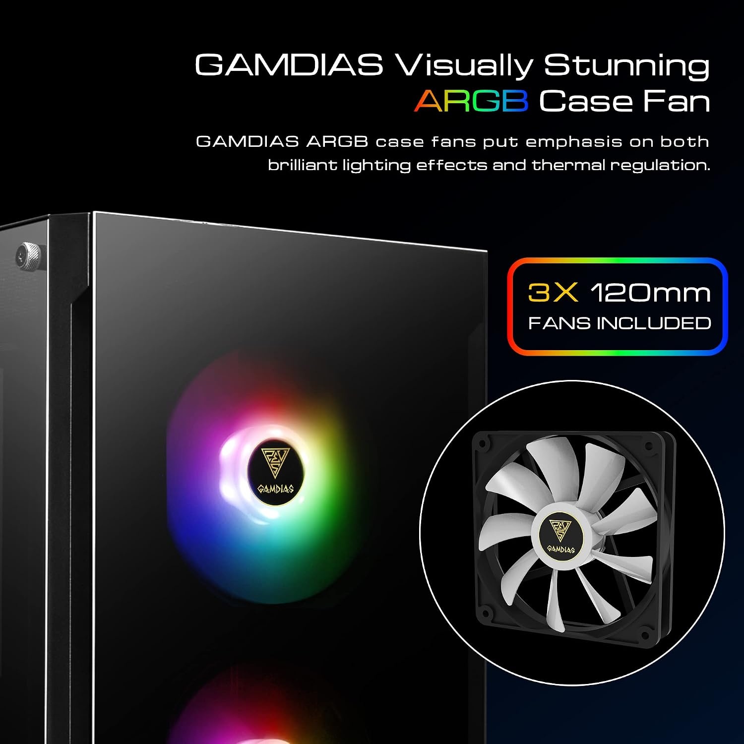 GAMDIAS TALOS E3 Gaming PC-hoes, Mid-Tower ATX-hoes, gehard glaspaneel, 3 ingebouwde 120 mm ARGB-ventilatoren, gereedschapsvrije installatie gehard glazen venster, ondersteunt moederborden tot ATX,
