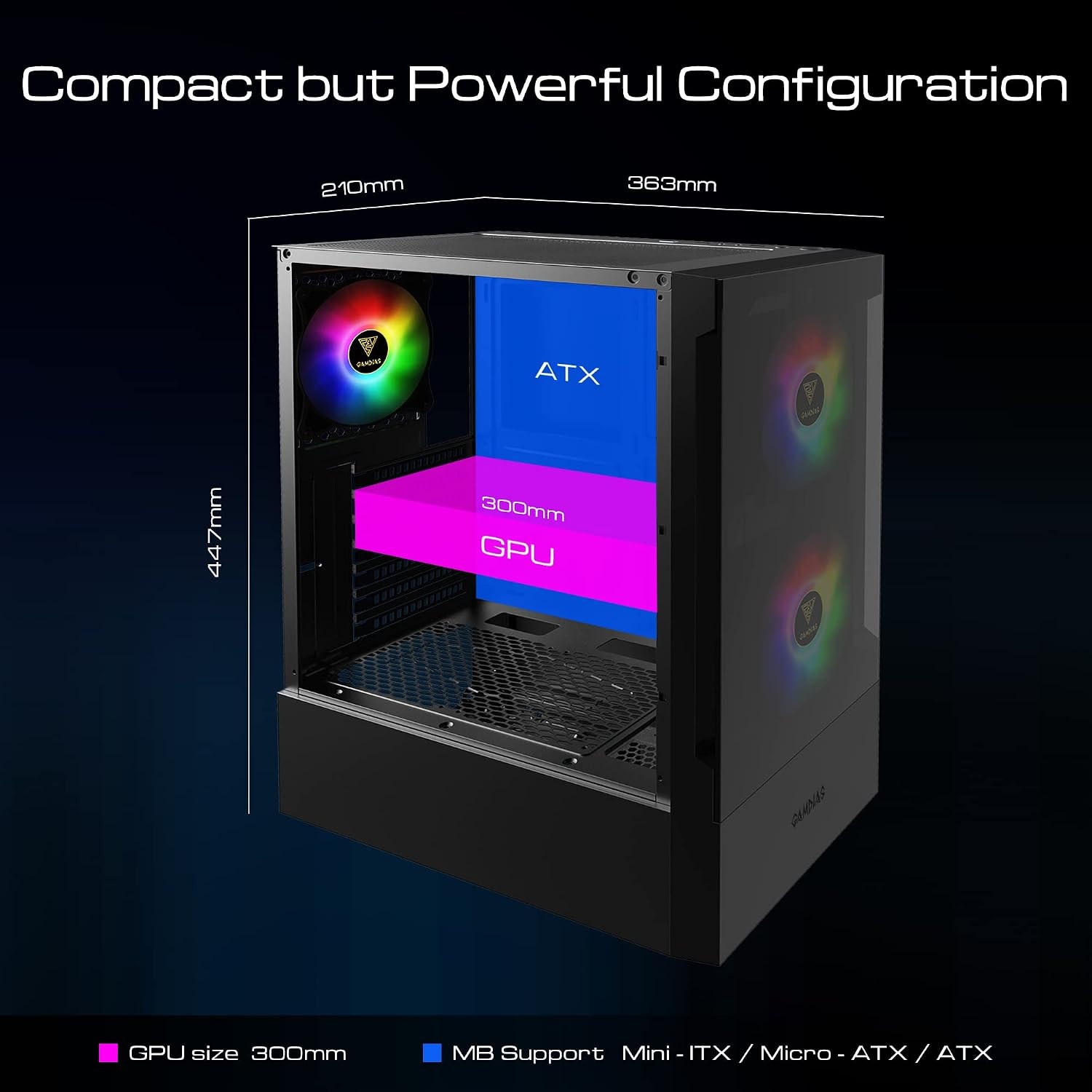 GAMDIAS TALOS E3 Gaming PC-hoes, Mid-Tower ATX-hoes, gehard glaspaneel, 3 ingebouwde 120 mm ARGB-ventilatoren, gereedschapsvrije installatie gehard glazen venster, ondersteunt moederborden tot ATX,