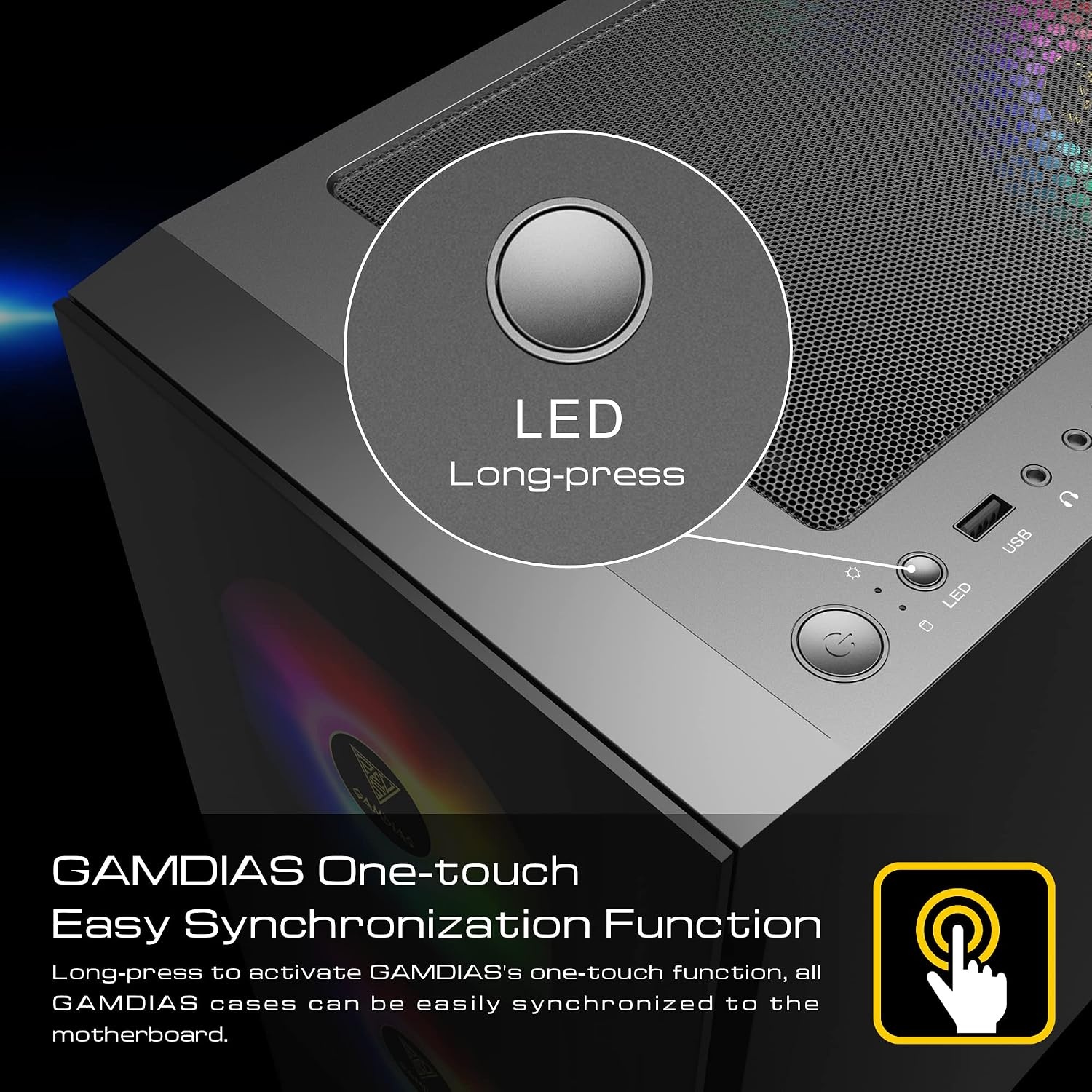 GAMDIAS TALOS E3 Gaming PC-hoes, Mid-Tower ATX-hoes, gehard glaspaneel, 3 ingebouwde 120 mm ARGB-ventilatoren, gereedschapsvrije installatie gehard glazen venster, ondersteunt moederborden tot ATX,