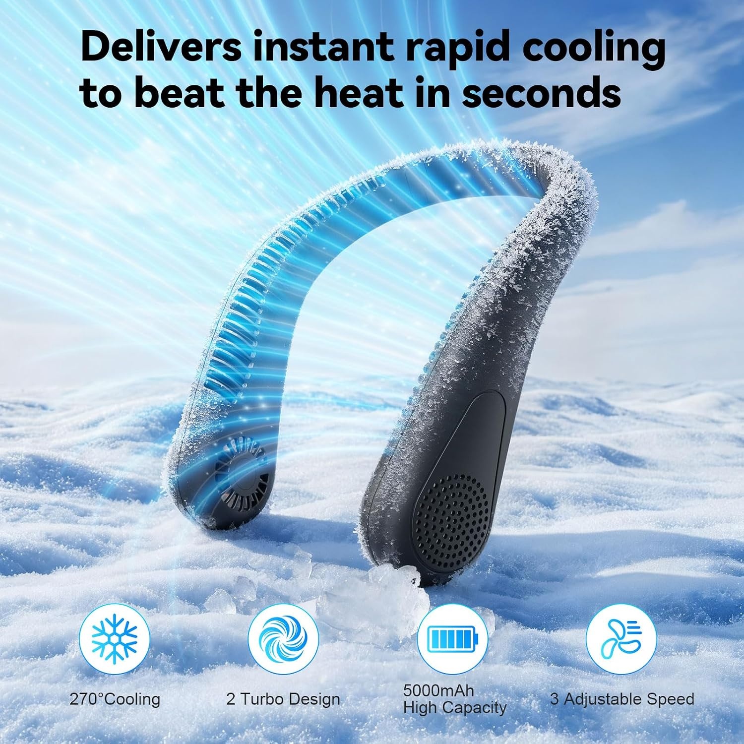 HandFan 5000 mAh Neck Fan rotorvrije ventilator, draagbare USB handenvrije nekband ventilator, 3-standen, 15 uur werktijd draagbaar en oplaadbaar voor buitengebruik. Zwart