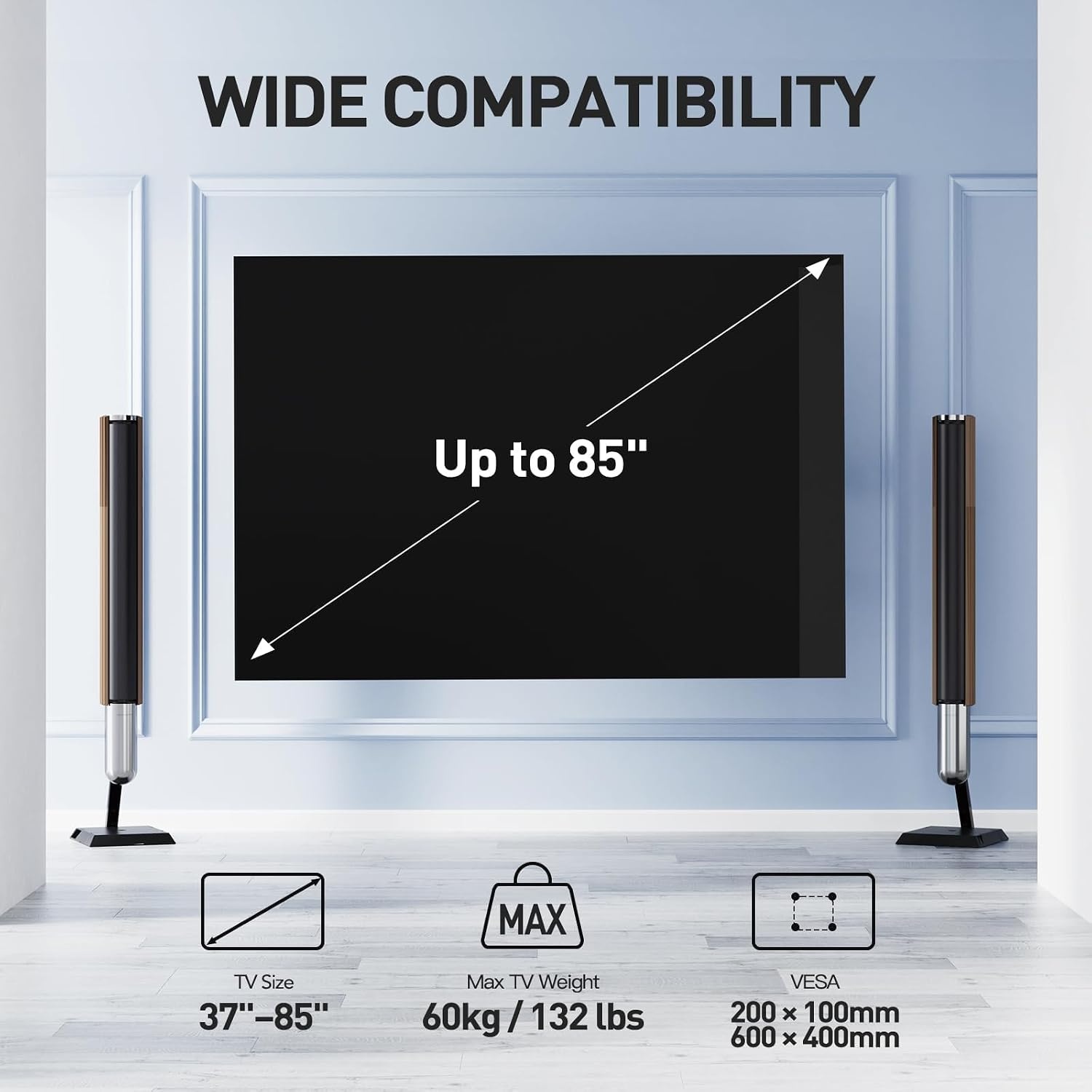 PERLESMITH TV Beugel, Voor 37-85 Inch TVs tot 60 kg, Draaibaar Kantel en Uitschuifbare TV Muurbeugel 55 65 Inch, max. VESA 600x400 mm PSPILFK1
