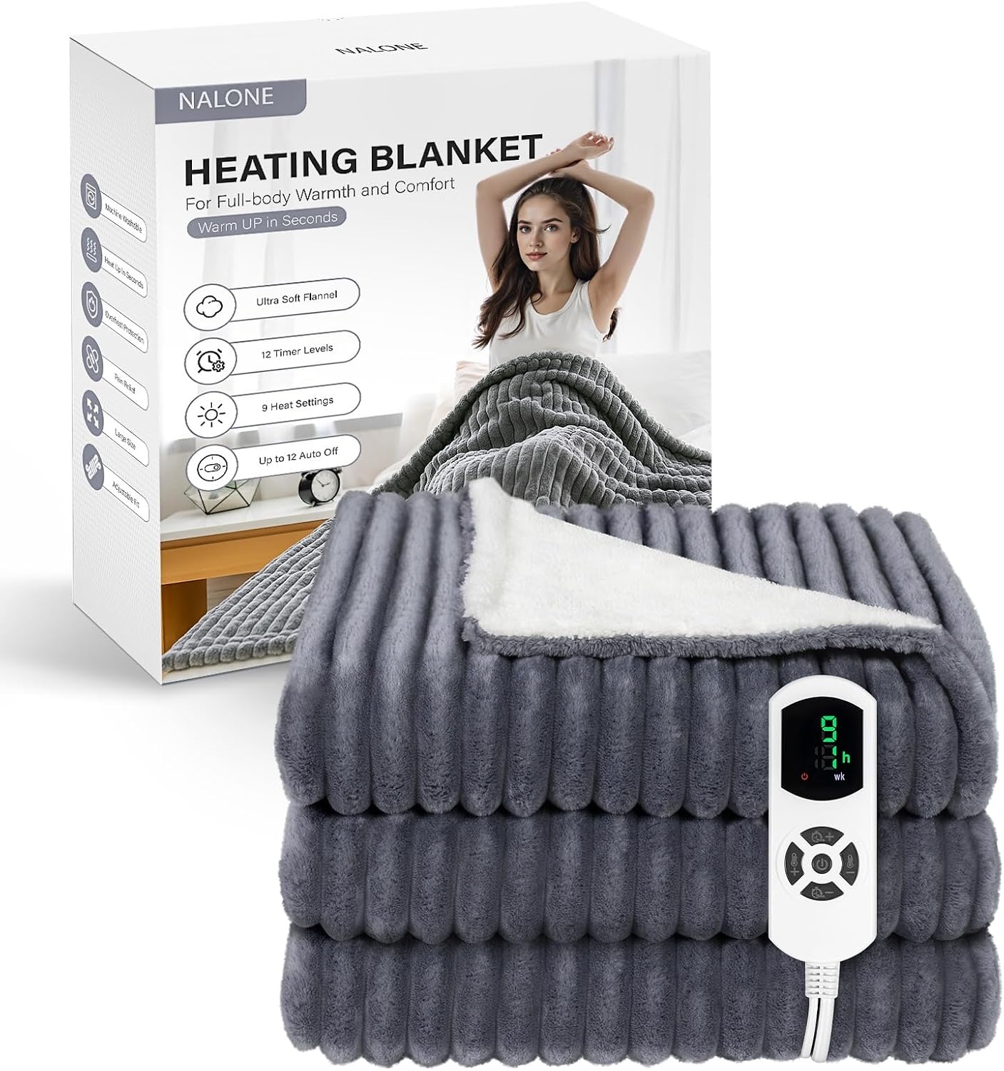 NALONE Textra Elektrische deken voor tweepersoonsbed, 160 x 130 cm, met 9 warmtestanden en 12 timers, verwarmingsdeken voor eenpersoonsbed en tweepersoonsbed, wasbaar