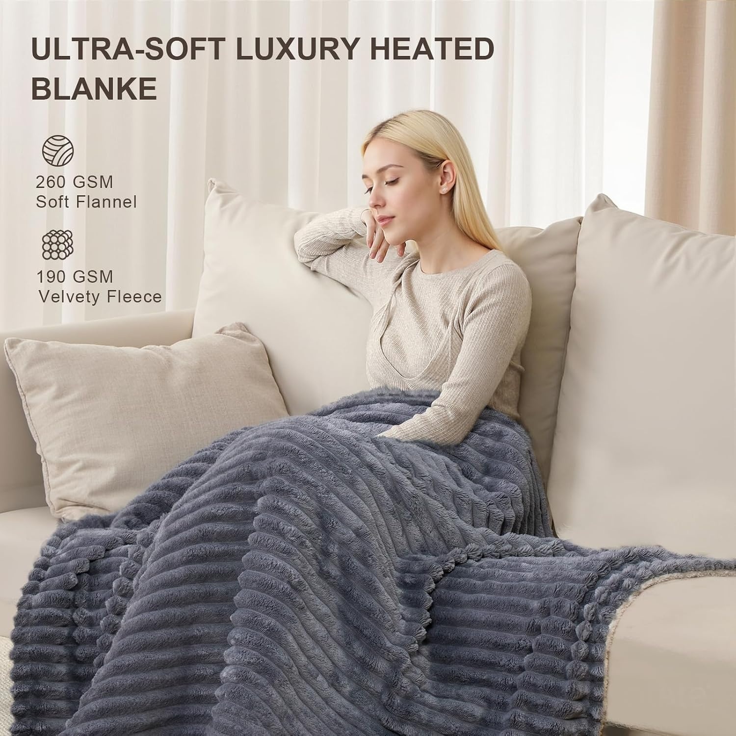 NALONE Textra Elektrische deken voor tweepersoonsbed, 160 x 130 cm, met 9 warmtestanden en 12 timers, verwarmingsdeken voor eenpersoonsbed en tweepersoonsbed, wasbaar
