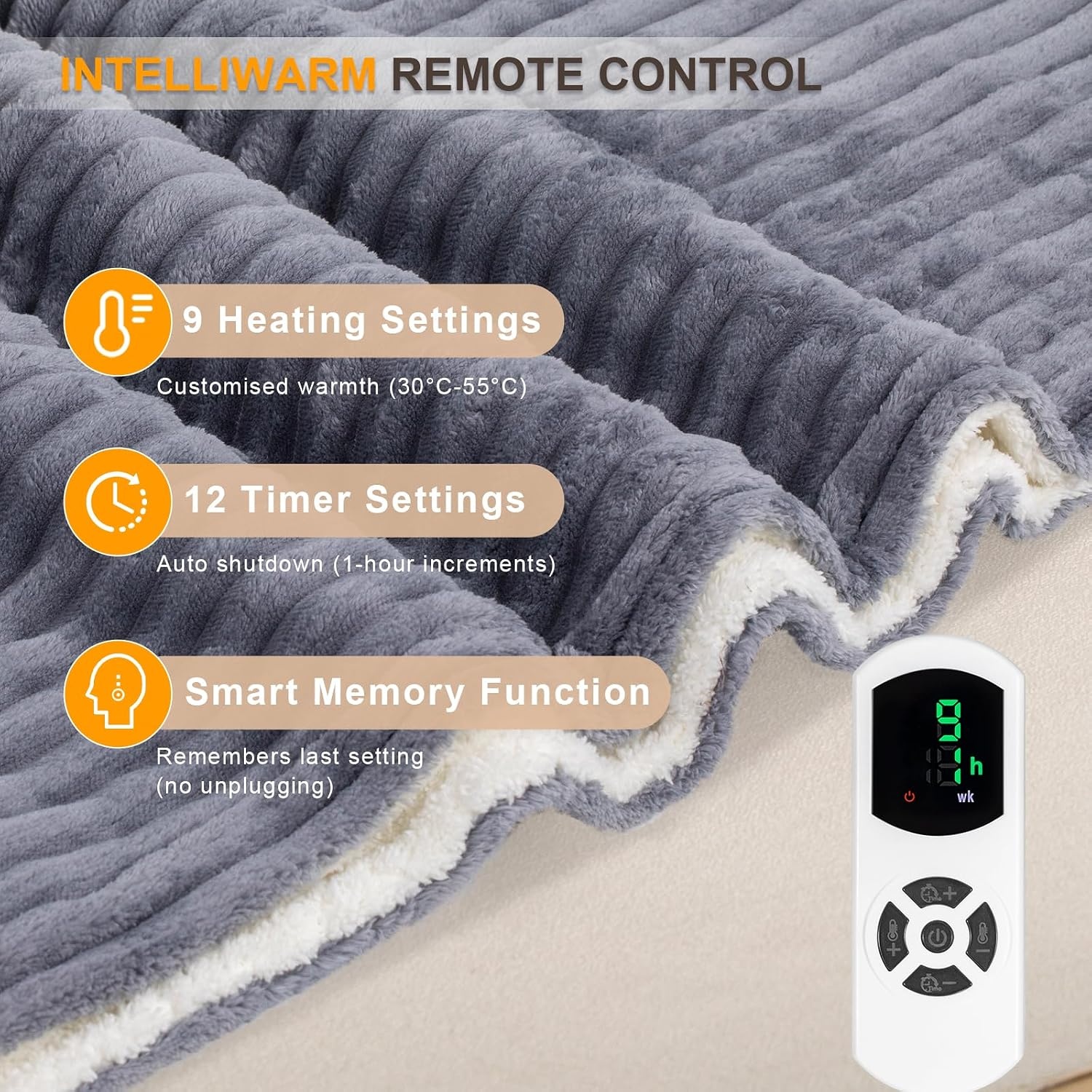 NALONE Textra Elektrische deken voor tweepersoonsbed, 160 x 130 cm, met 9 warmtestanden en 12 timers, verwarmingsdeken voor eenpersoonsbed en tweepersoonsbed, wasbaar