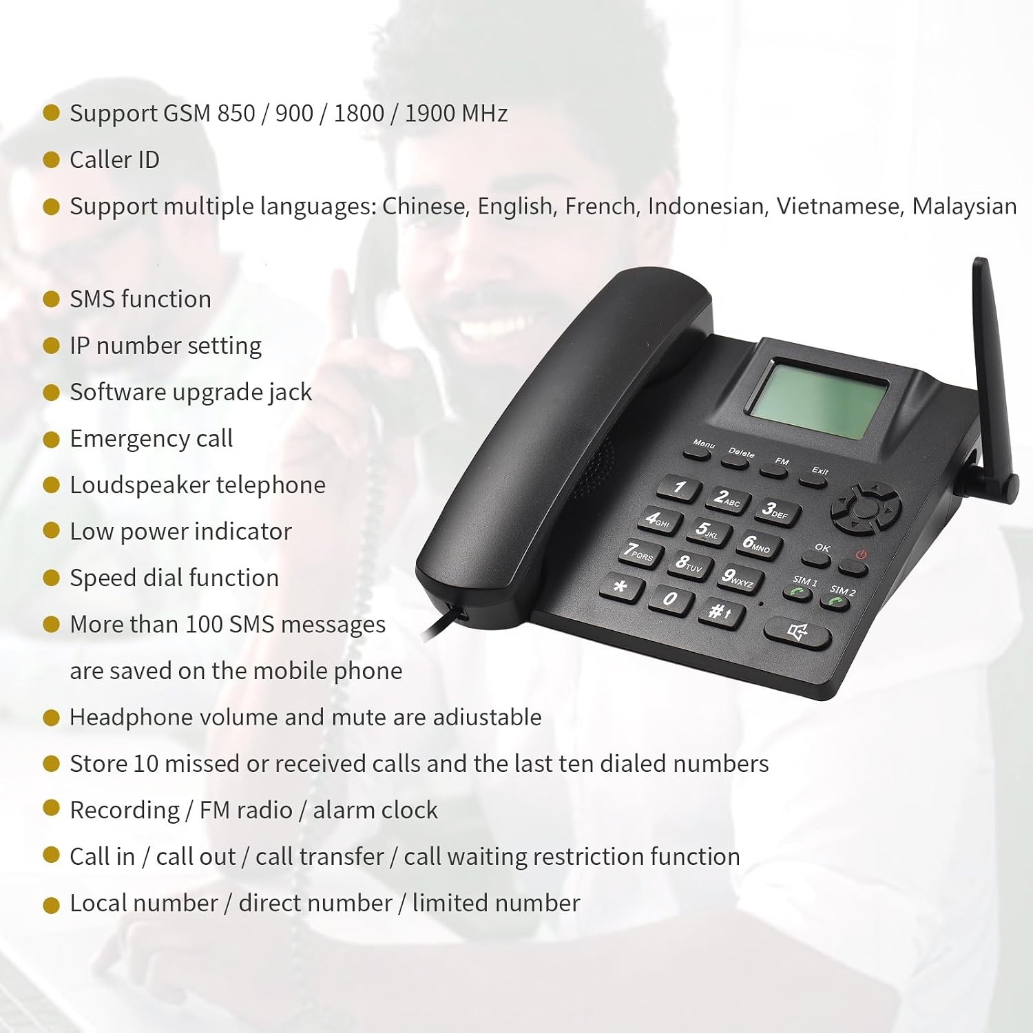 Draadloze vaste telefoon, telefoonhouder, GSM 850/900/1800/1900MHZ Dual SIM-kaart, 2G draadloze telefoon met antenne, wekker, SMS-opnamefunctie, 6 talen