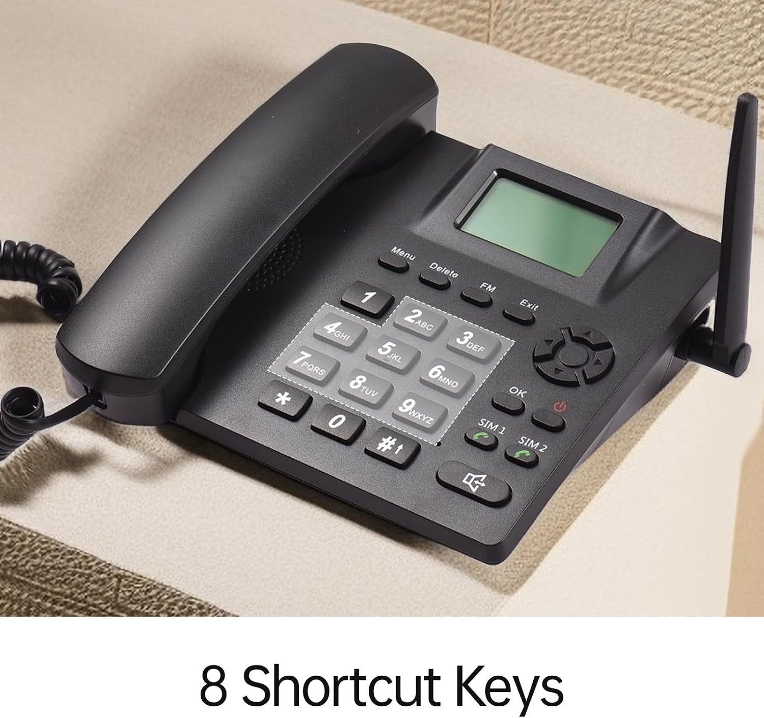 Draadloze vaste telefoon, telefoonhouder, GSM 850/900/1800/1900MHZ Dual SIM-kaart, 2G draadloze telefoon met antenne, wekker, SMS-opnamefunctie, 6 talen