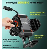 Motorfiets Telefoonhouder met 15W Draadloos Laden & 36W USB-C, Schokabsorberend