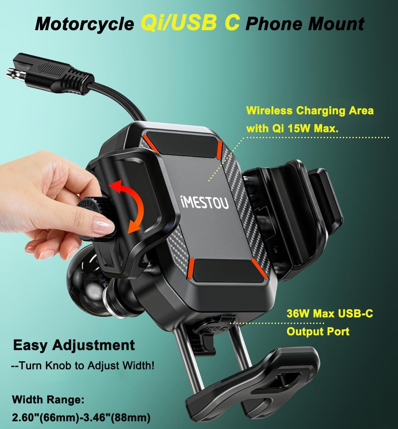 Motorfiets Telefoonhouder met 15W Draadloos Laden & 36W USB-C, Schokabsorberend