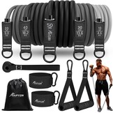 Fitnessbandenset, 68 kg, 5 verschillende sterktes, weerstandsbanden, set met handgrepen, enkelriemen en deuranker, draagbare rugzak, voor binnen en buiten