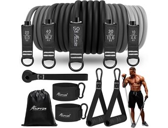 Fitnessbandenset, 68 kg, 5 verschillende sterktes, weerstandsbanden, set met handgrepen, enkelriemen en deuranker, draagbare rugzak, voor binnen en buiten