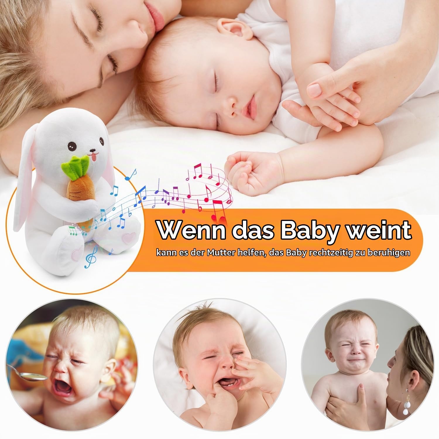APUNOL Baby Einschlafhulp - Nachtlicht met Sterrenprojector en Huilsensor - Konijn - 15 x 13 x 17 cm