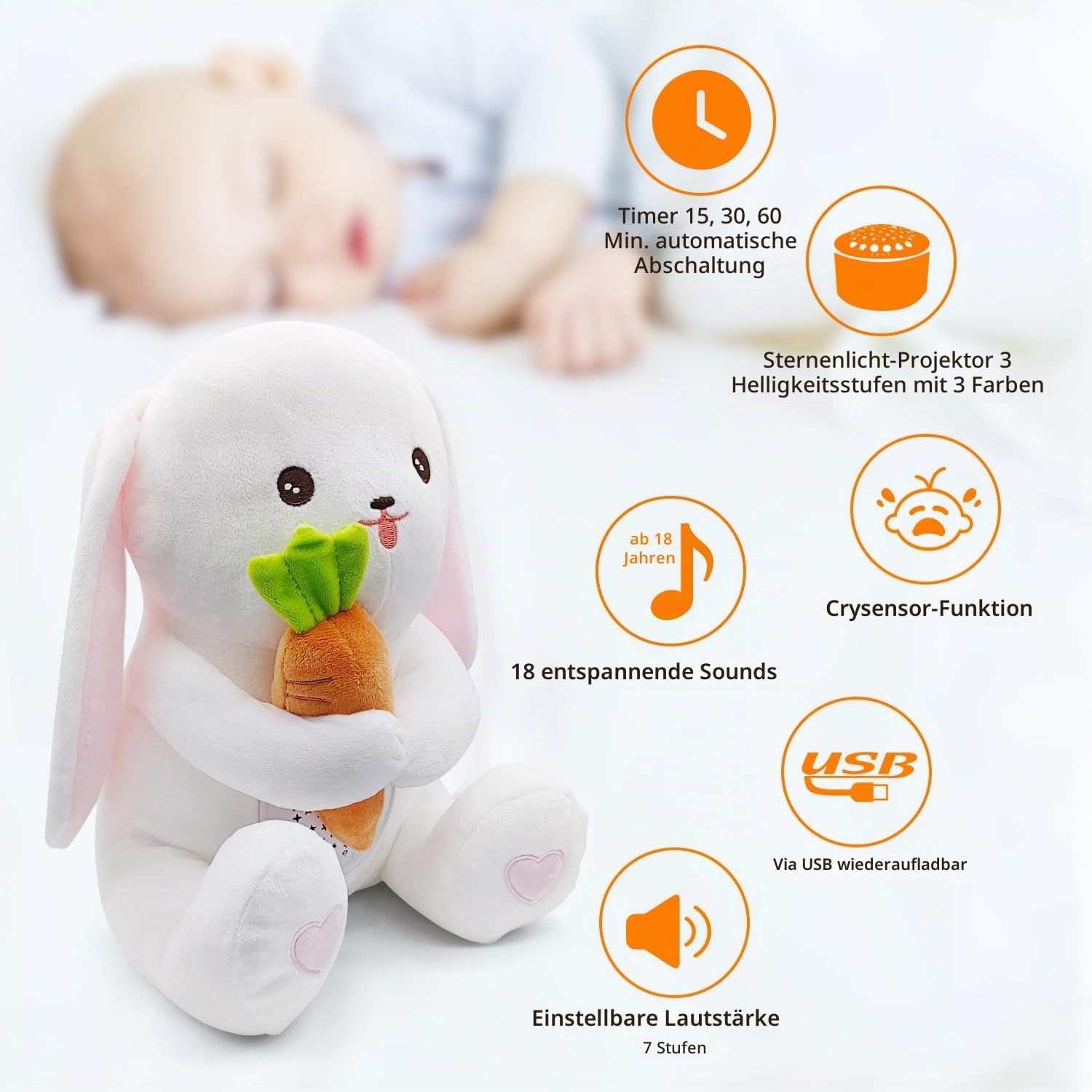 APUNOL Baby Einschlafhulp - Nachtlicht met Sterrenprojector en Huilsensor - Konijn - 15 x 13 x 17 cm