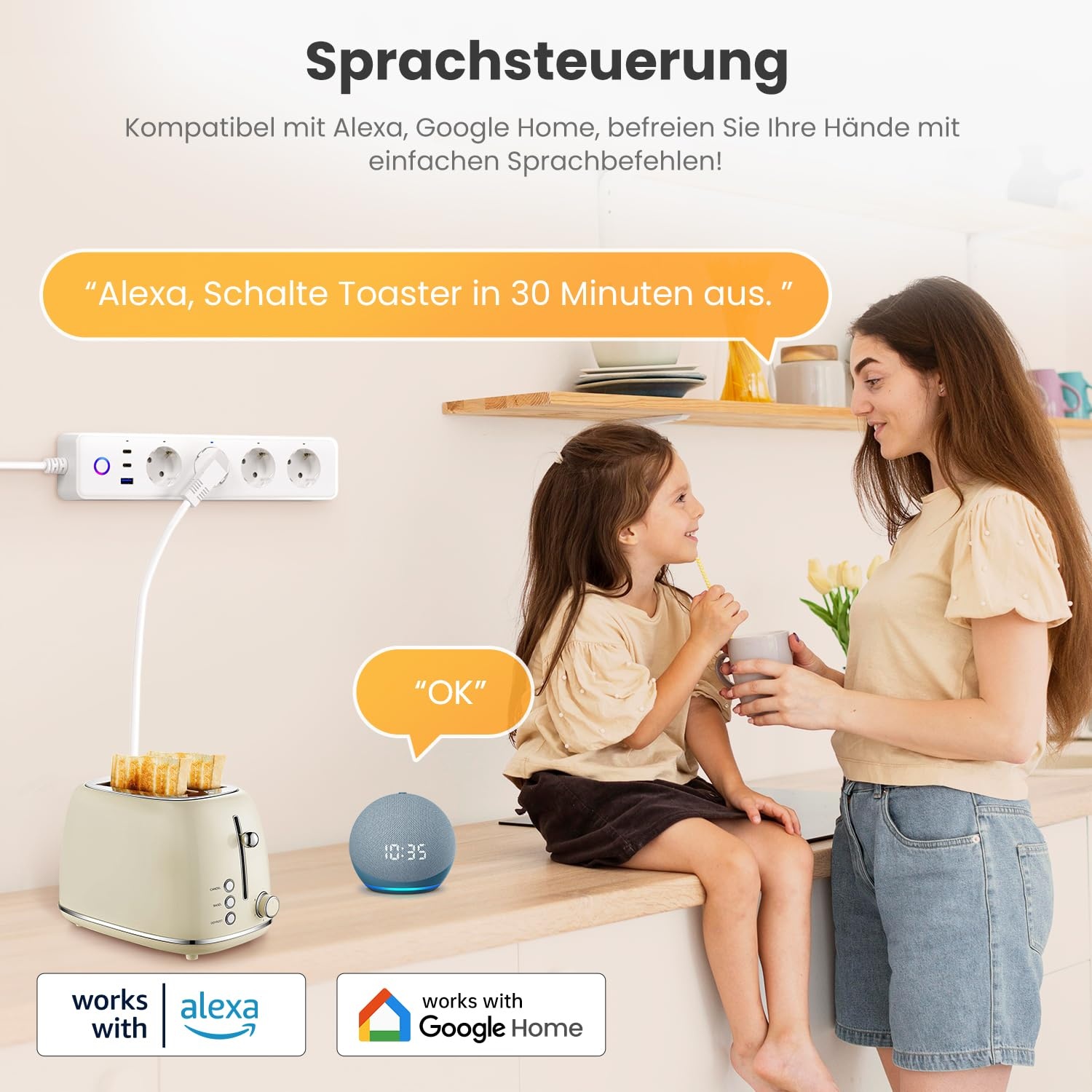 MIUCDA Smart WLAN Stekkerdoos met 4 stopcontacten, 2 USB-C en 1 USB-A poort, wit, 1,5 meter