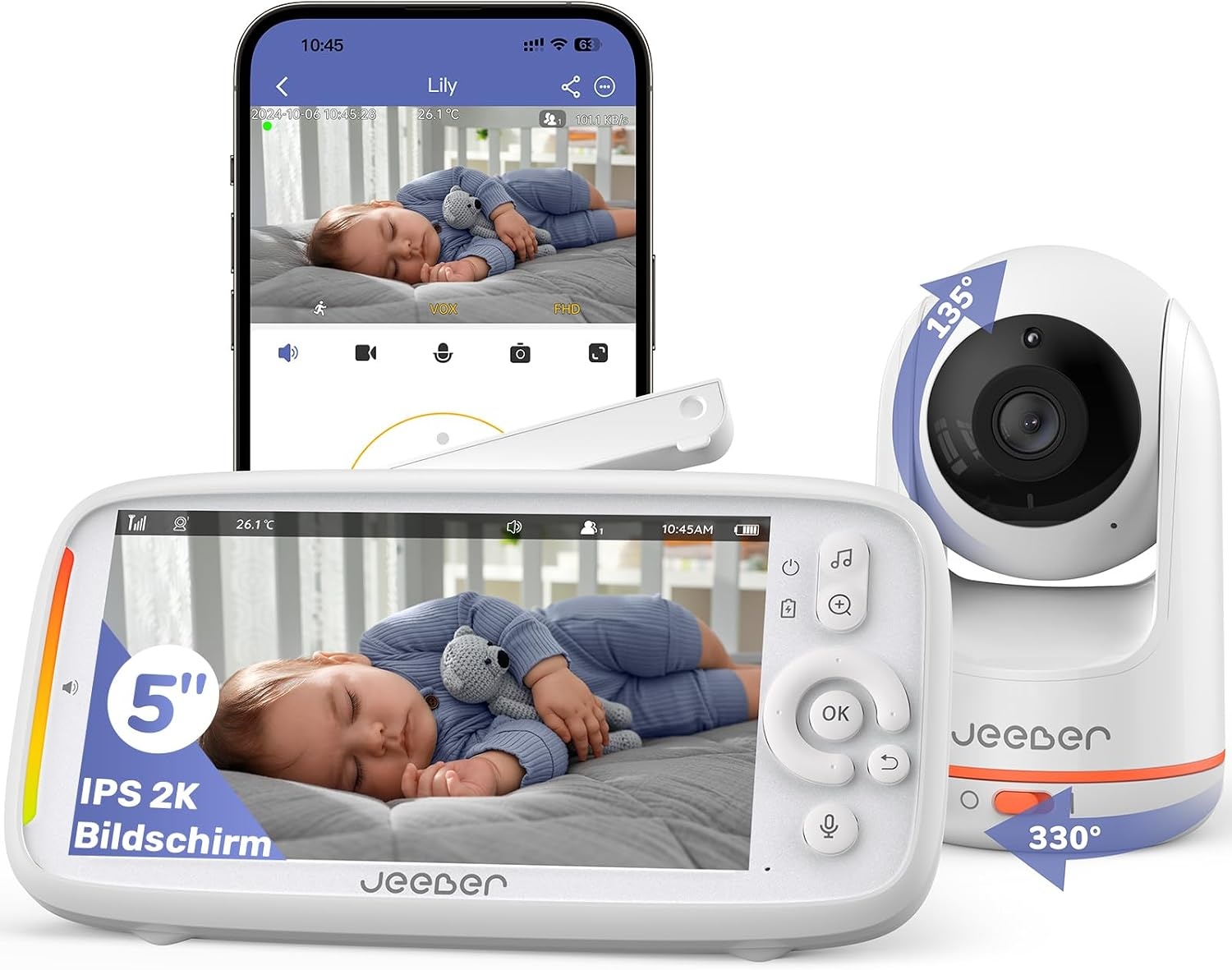 2K/3MP wifi babyfoon met camera-app, 5-inch IPS babymonitor, 360°