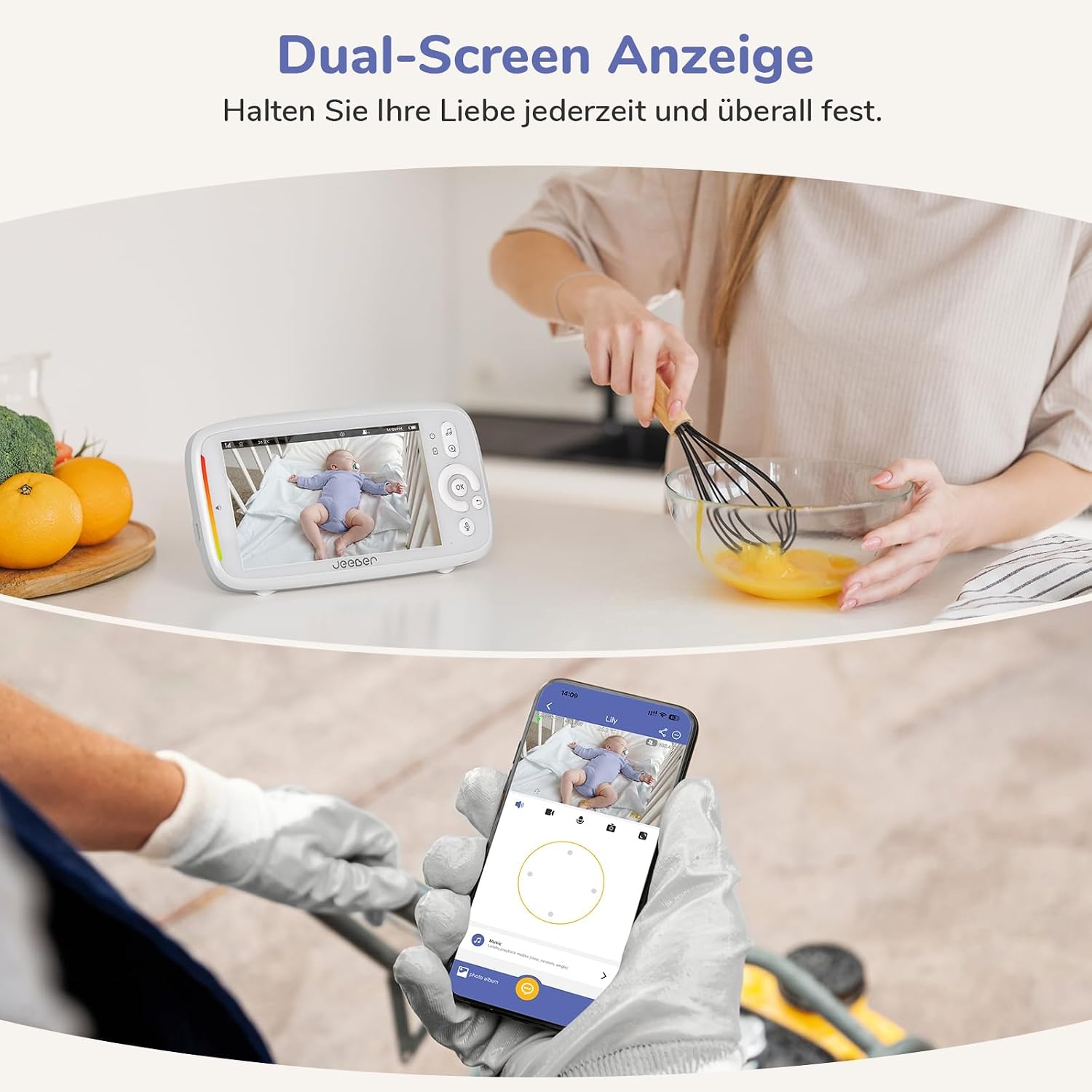 2K/3MP wifi babyfoon met camera-app, 5-inch IPS babymonitor, 360°
