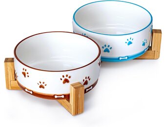 YUN TAO Keramische hondenkommen 2 set met houten standaard, verhoogde voer- en waterkommen voor kleine tot middelgrote honden, inclusief antislip siliconen mat