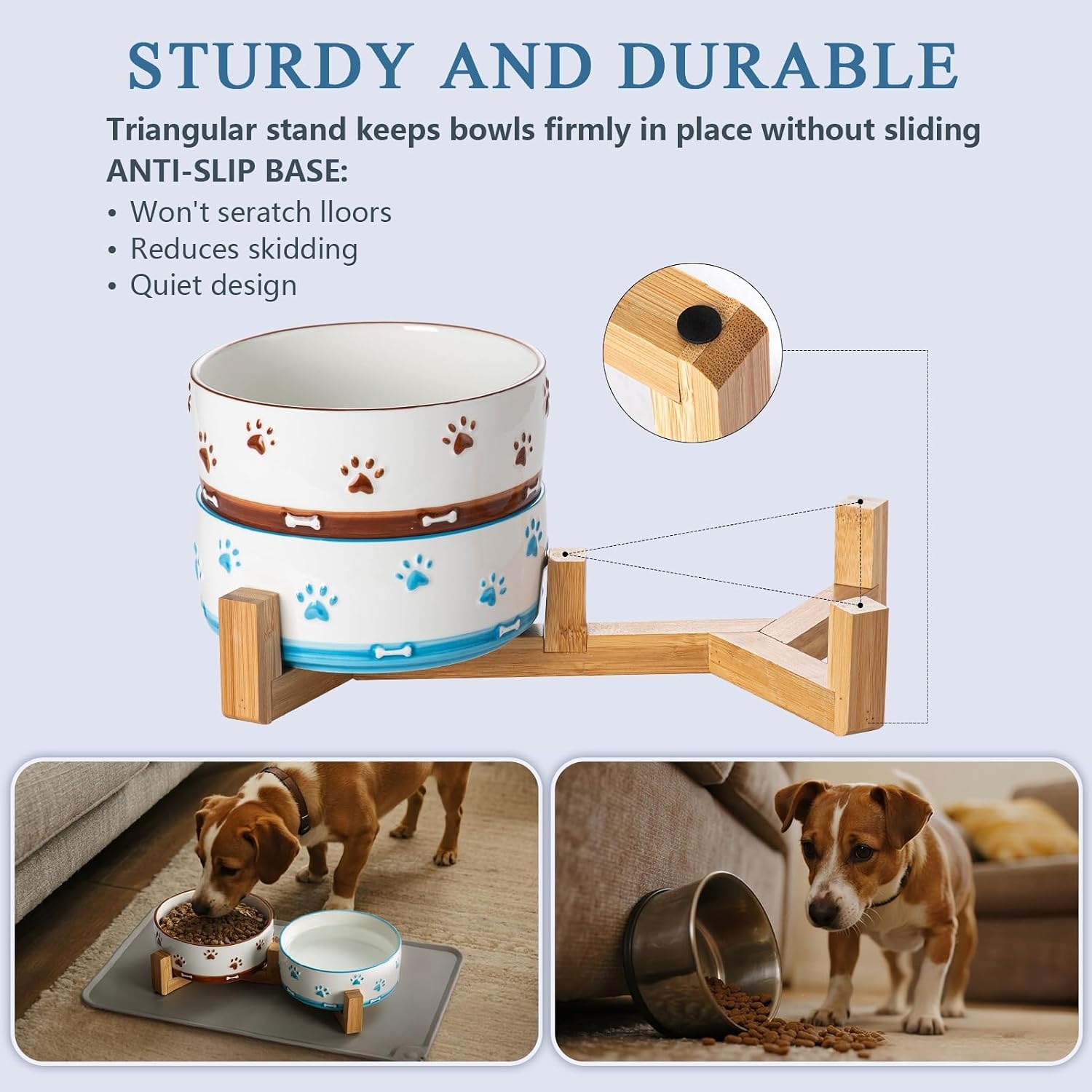 YUN TAO Keramische hondenkommen 2 set met houten standaard, verhoogde voer- en waterkommen voor kleine tot middelgrote honden, inclusief antislip siliconen mat