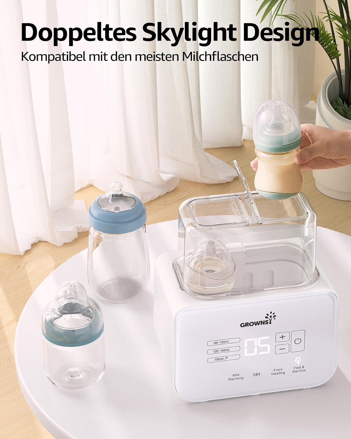 Baby Flessenwarmer, Grownsy 8-in-1 snelle melk verwarmer met timer, geschikt voor 2 flessen, nauwkeurige temperatuurregeling, met ontdooien, steriliseren, bewaren, verwarmen van potjes babyvoeding